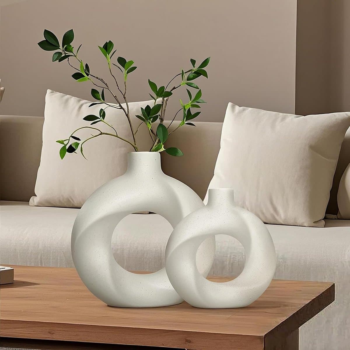 Decoratieve Vazen Set - Bloempotten Keramiek - Woonkamer Decoratie - Handgemaakte Unieke Vorm - 2 Stuks - Wit