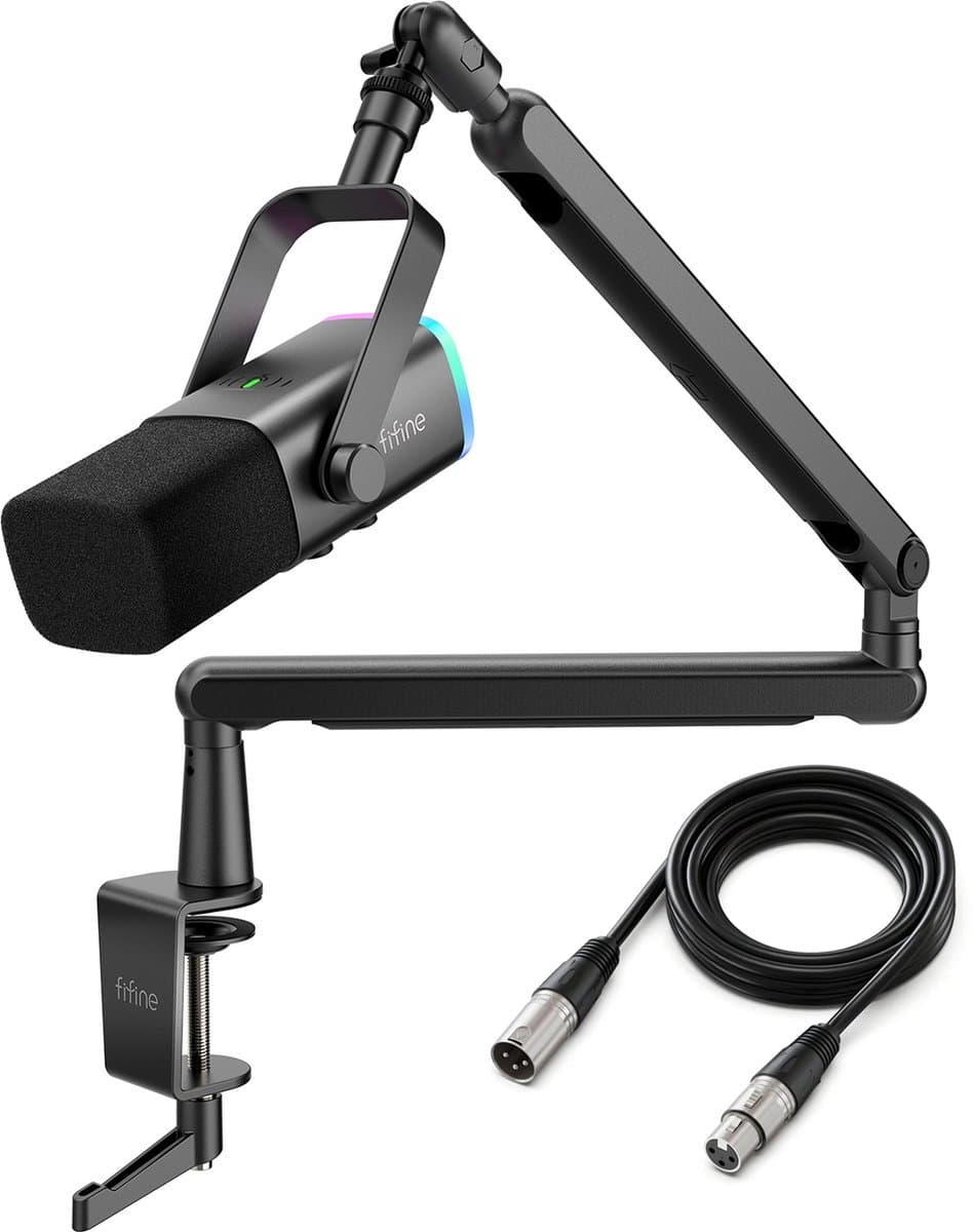 FIFINE TAM8 XLR - USB / XLR Studio microfoon - Flexibele Arm ( BM88 ) - Met kabelgoot - Geschikt voor PC/PS4/PS5 - RGB - Podcast - Gaming - Streaming - Zwart