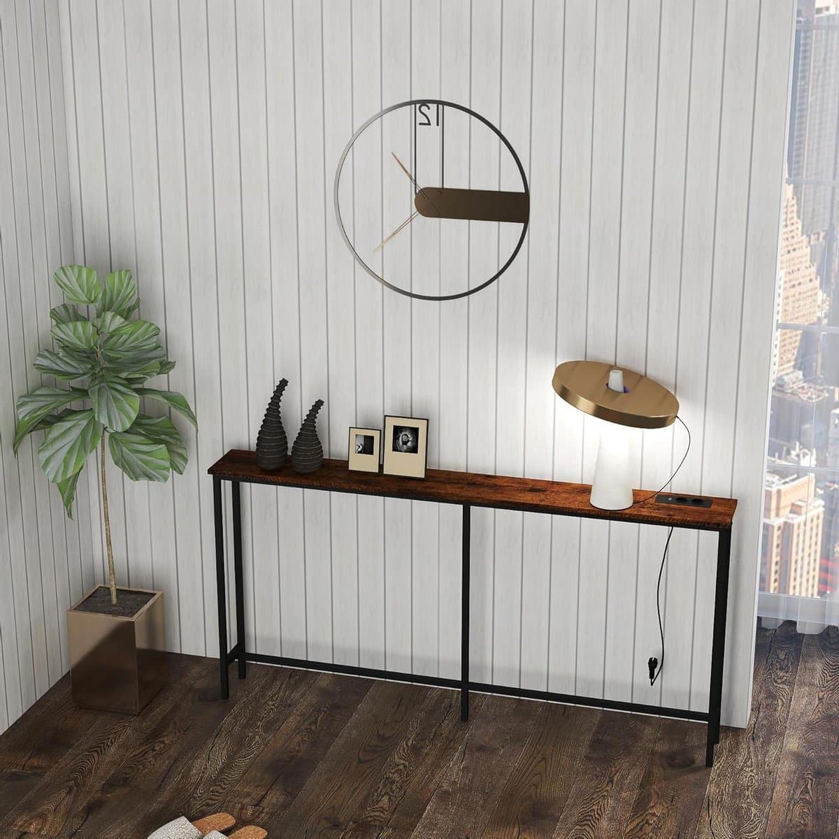 Consoletafel smal met metalen frame en melaminehoutlook, 160 cm, MDF-plaat met tijgerhoutdecoratie, 2 stopcontacten + 2 USB, ideaal als dressoir achter de bank of in de hal
