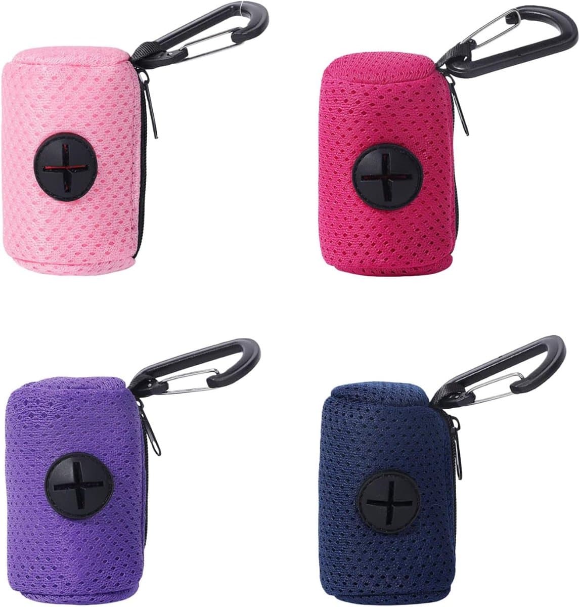 4er Pack Hondenpoepzakjeshouder met praktische ritssluiting en ophangmogelijkheid voor hondenwandelen, hiken, wandelen, netheid, poepzakjeshouder (Roze & Rozenro & donkerblauw & paars）8.4×4.3cm