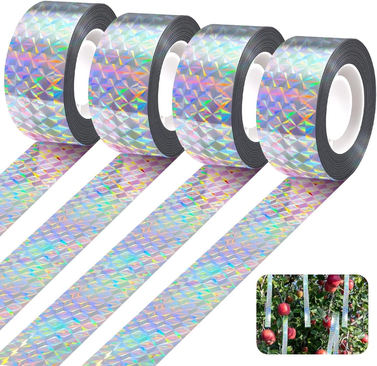 Sander Shop Vogelverjager Reflecterende Tape, 4 Rollen van 50m x 2,4cm, Anti-Vogel Tape Set voor Duiven Verjagen, Spreeuwen Afweermiddel, Bescherming voor Tuinen en Fruitbomen
