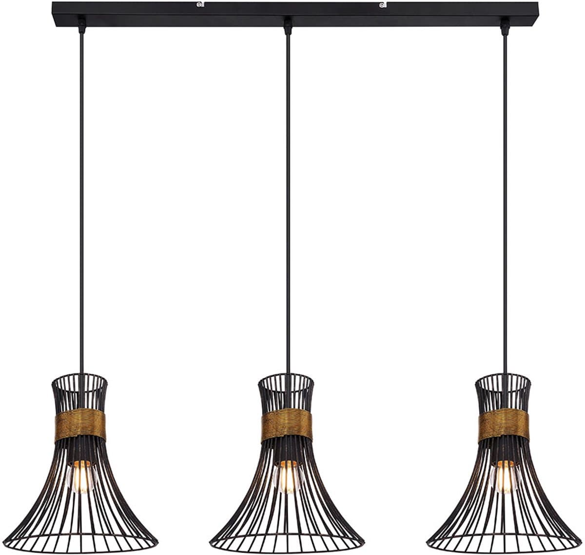Plafondlamp hanglamp met rooster lampenkappen 3 vlammen hanglamp in zwart-goud, metaal, 3x E27, LxBXH 80x22x120cm, woonkamer eetkamer slaapkamer
