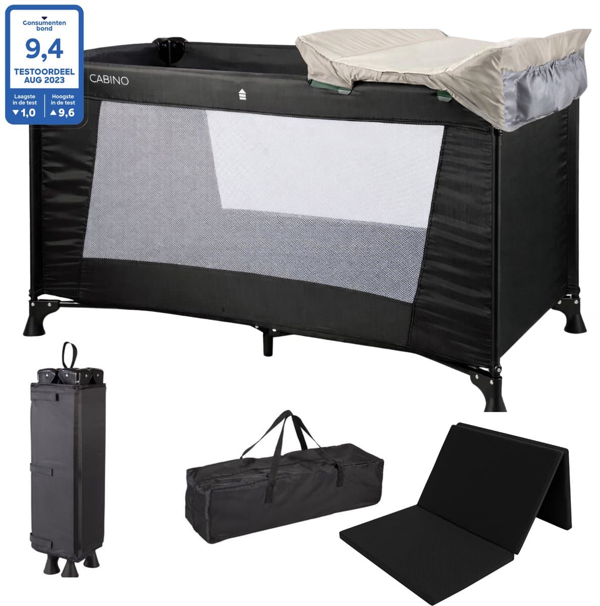 Cabino Campingbedje / Reisbedje Opvouwbaar met Care set Beige & Matras – 120 x 60 cm - Zwart