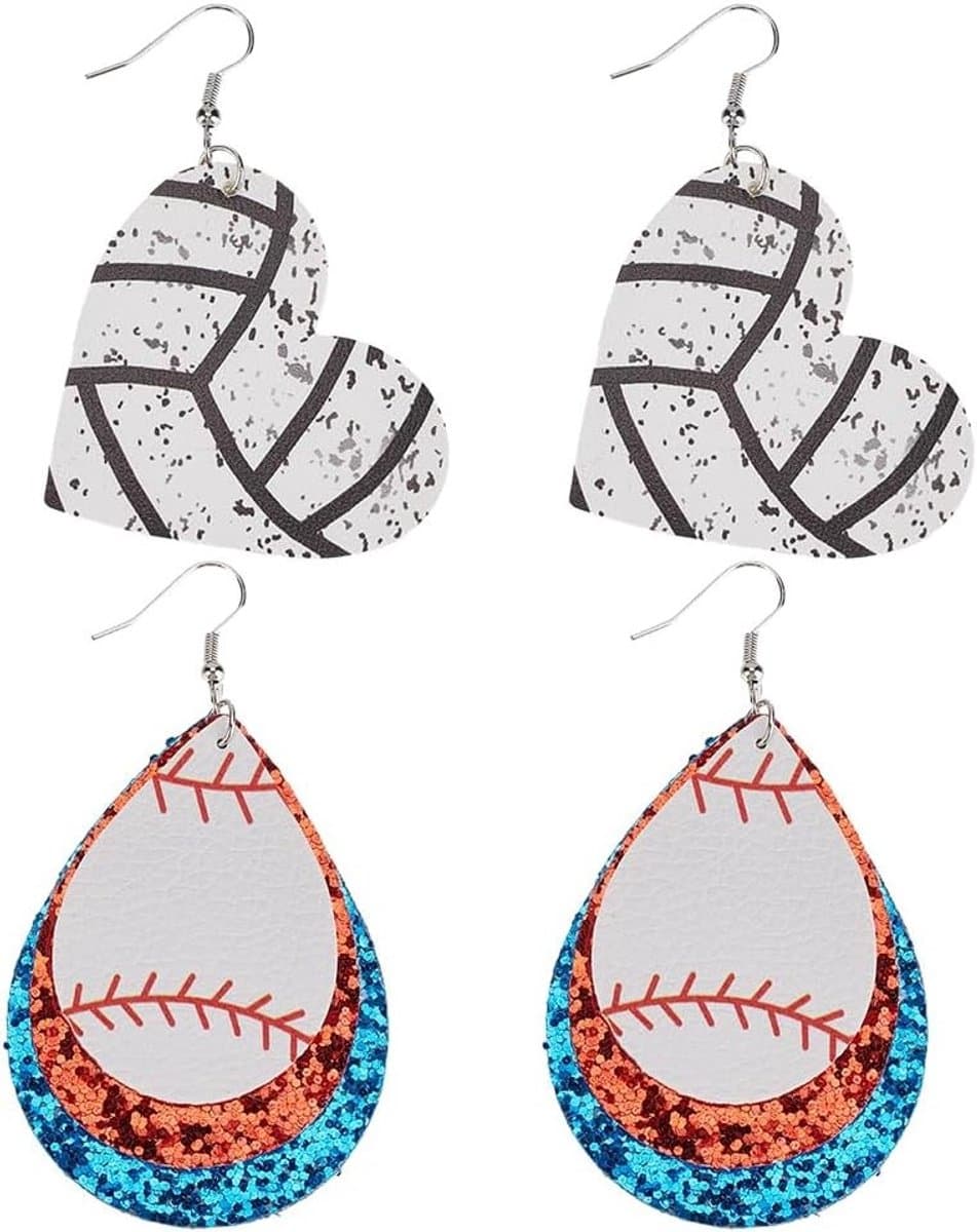 2 paar hartvormige dangle orrings van PU leder voor rugby en voetbal, lichtgewicht sportaccessoires voor vrouwen en juweliers benodigdheden