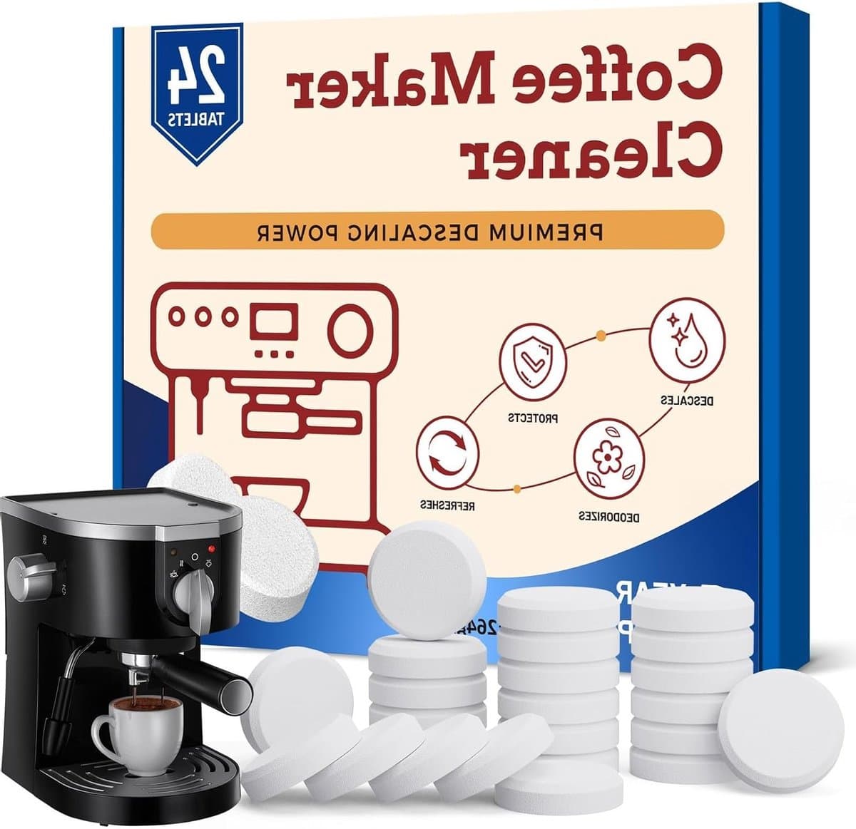 Ontkalkingstabletten voor koffieautomaten en koffiezetapparaten, 24 tabletten voor optimale reiniging, verwijdert kalk en verlengt levensduur van apparaten