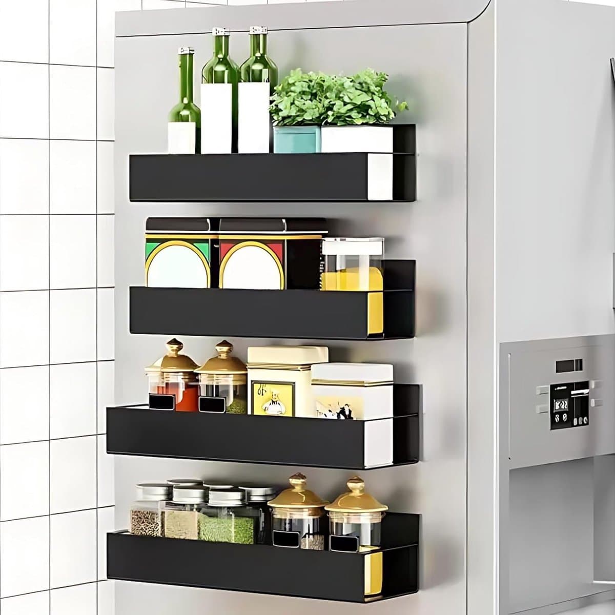 Set van 4 Magnetische Spice Racks voor Koelkast, Makkelijk te Bevestigen, Ideaal voor Keukenorganisatie en Kruidenset zonder Boren