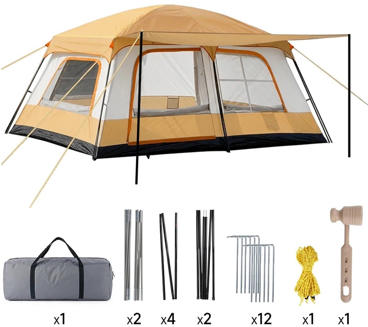 Velmio Familie Glampingtent - Khaki - Tunnel tent - 4-6 Personen - UV bescherming - Zonbescherming - Oxford Materiaal - 2 Slaapkamers + Woonruimte - Muggengaas - Waterafstotend - voor Kamperen en Glamping - Camping - Festival - Beige