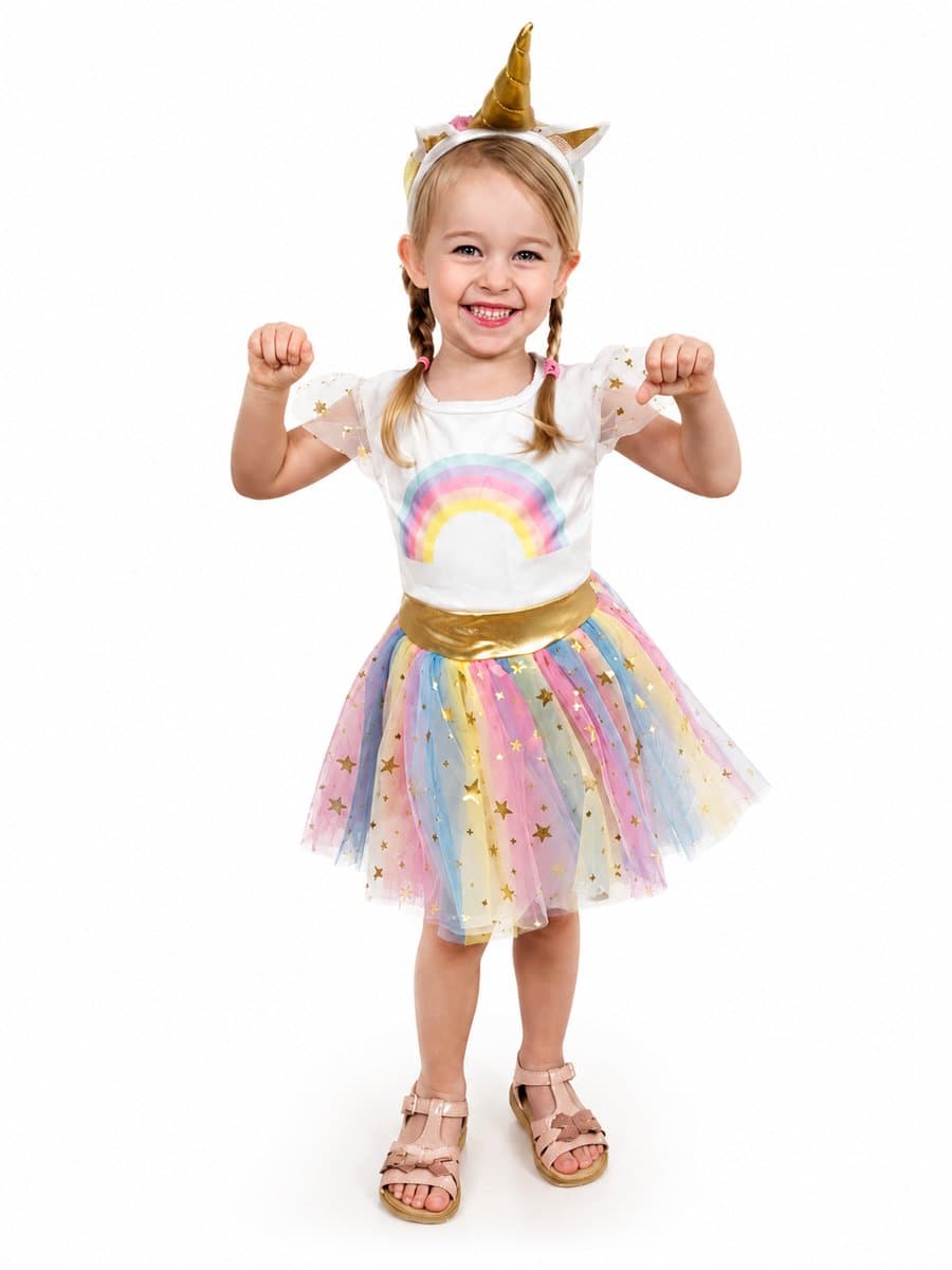 Unicorn Jurkje met Diadeem – Regenboog Tutu Verkleedset voor Meisjes - Maat 4-6 jaar