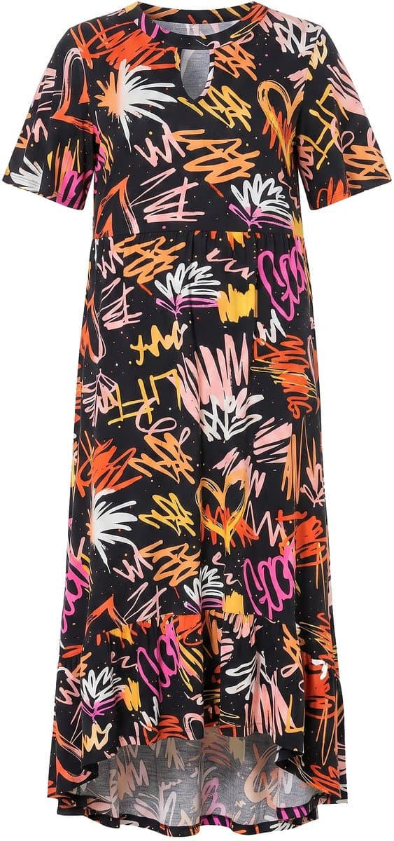 Angel of Style - Dames - Jersey maxi-jurk graffitipatroon vlindermouwen - Zwart - Maat 42