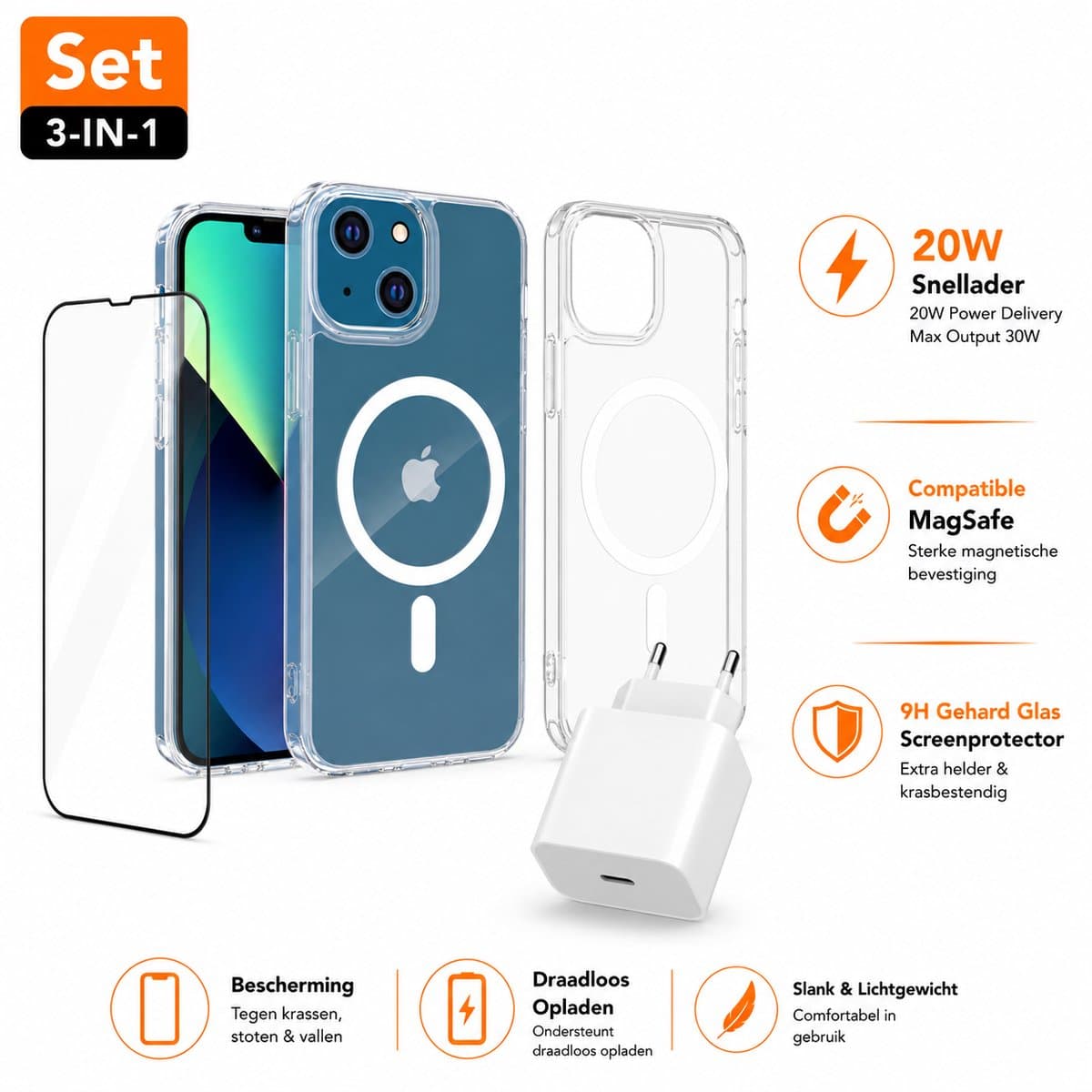 Compatible MagSafe Hoesje Geschikt voor iPhone 15 Plus met Screenprotector + Snellader Adapter Oplader – Transparant Telefoonhoesje met Magneet – USB-C Snellader 20W – Complete 3 in 1 Bescherming en oplaad set