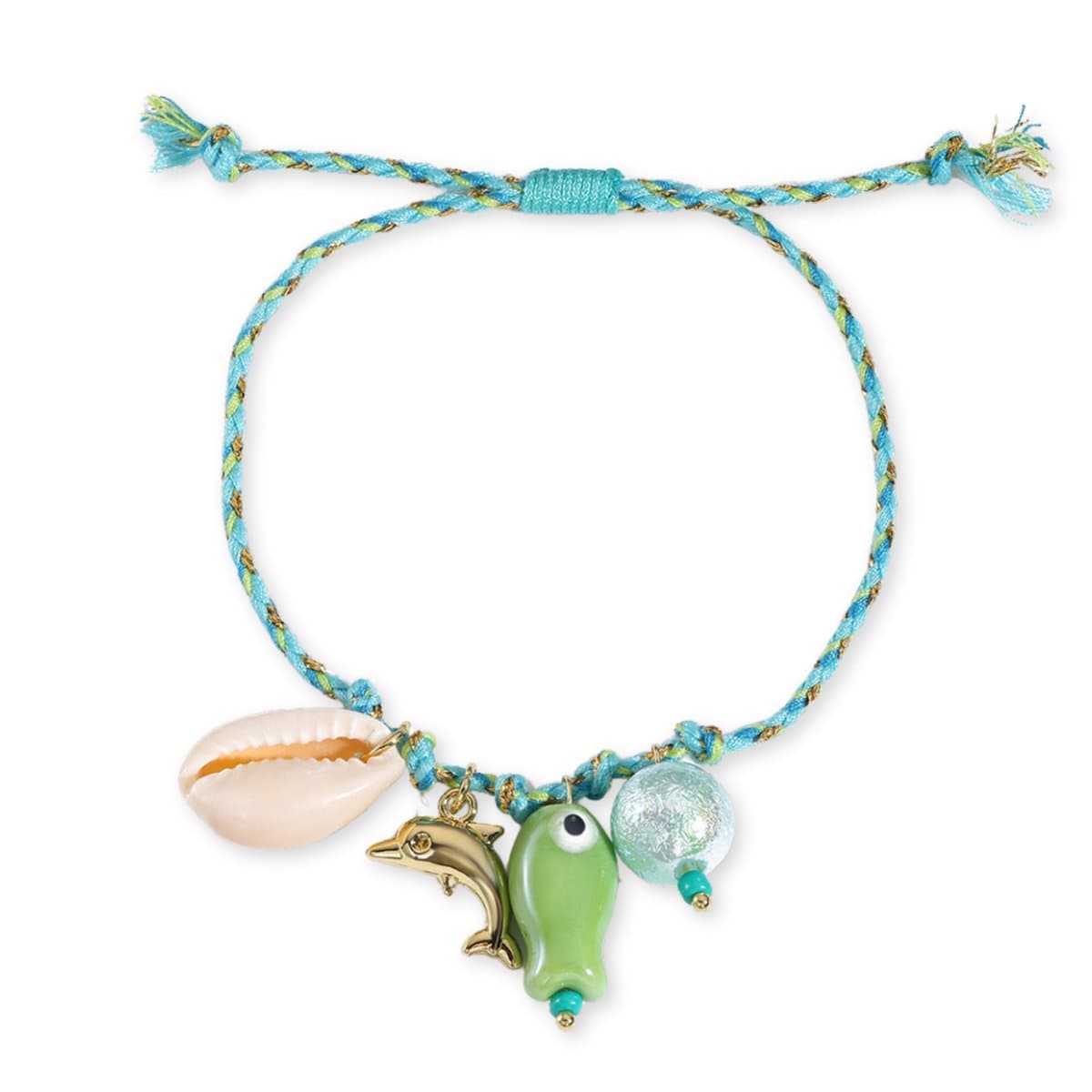 Marama - Armband Summer Turquoise - strand - zomer - bedeltjes - gouden details - katoen koord - damesarmband - stainless steel - verstelbaar