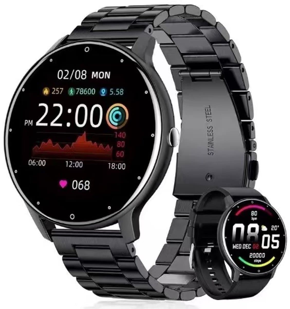 Knobbout 1.28 inch ultradunne smartwatch met gezond heidsmonitoring, sporttracking, muziekbediening, persoonlijke wijzerplaat, bluetooth bellen - - zwart staal+siliconen horlogeband