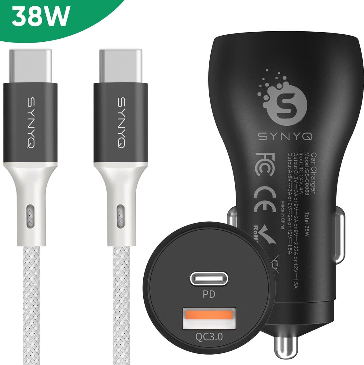 Synyq Autolader 38W - 2 Poorten - 1m USB C kabel - Gecertificeerd - Auto Oplader - USB oplader Auto - Autolader - Snel autolader
