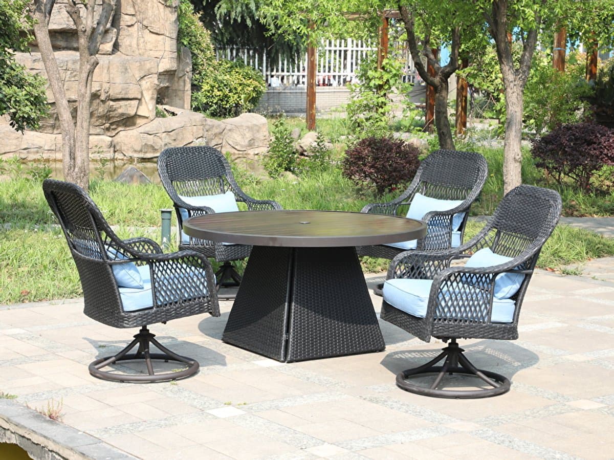 Diningset rond - 5 delig - Zwart wicker met blauwe kussens - Draaibare stoelen
