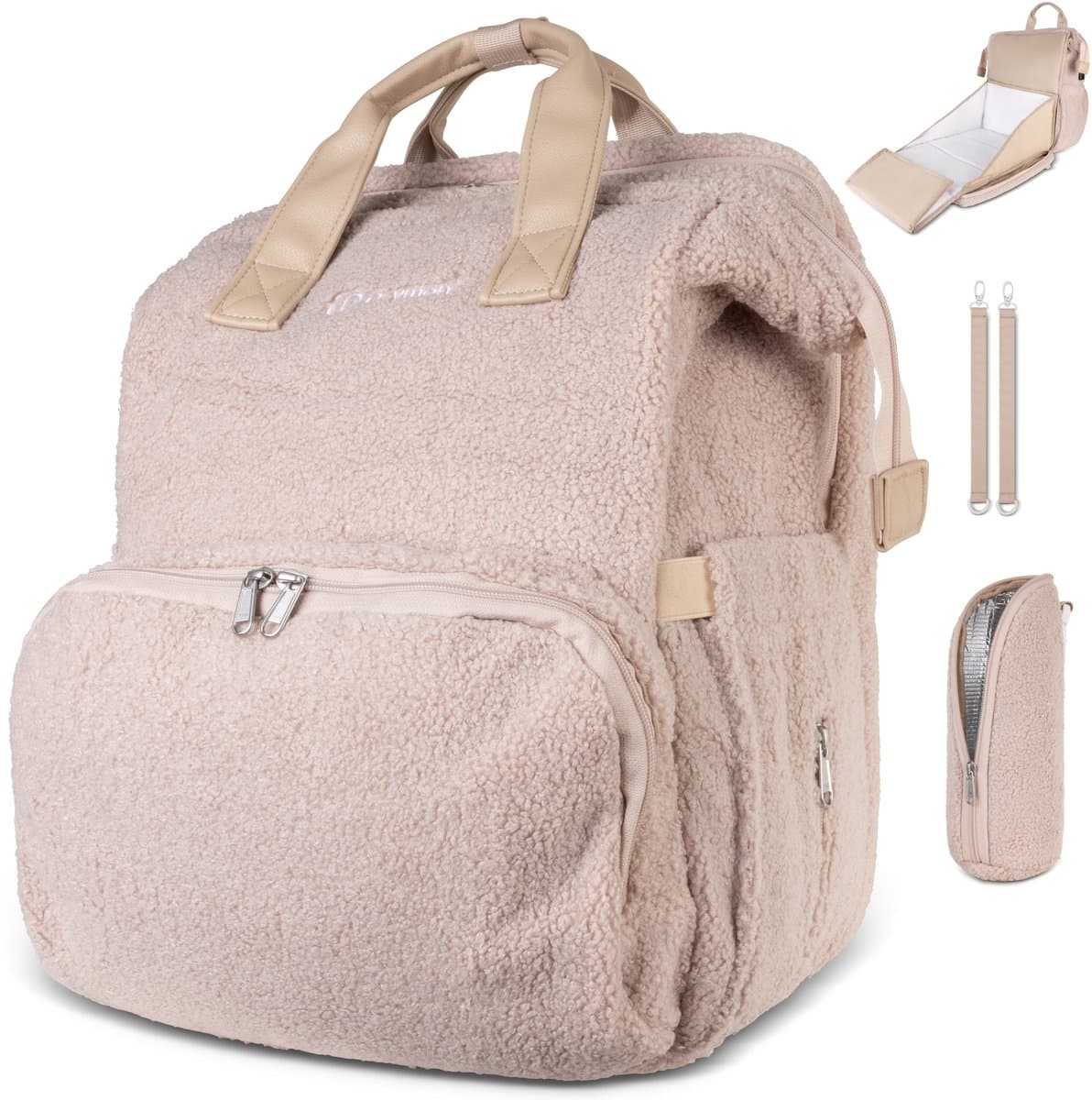 Drymon® Premium Luiertas – Ingebouwd Verschoonbed – Inclusief Flessenwarmer & Kinderwagenhaken t.w.v. €30 euro – 25L – Babycadeau - Verzorgingstas - Waterafstotend – Beige – Exclusieve Teddy uitvoering