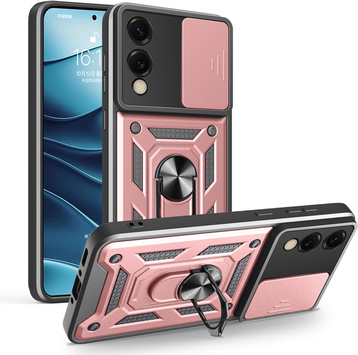 MobyDefend Hoesje - Geschikt voor Samsung Galaxy S25 Edge - Pantsercase Met Draaibare Ring - Rosé