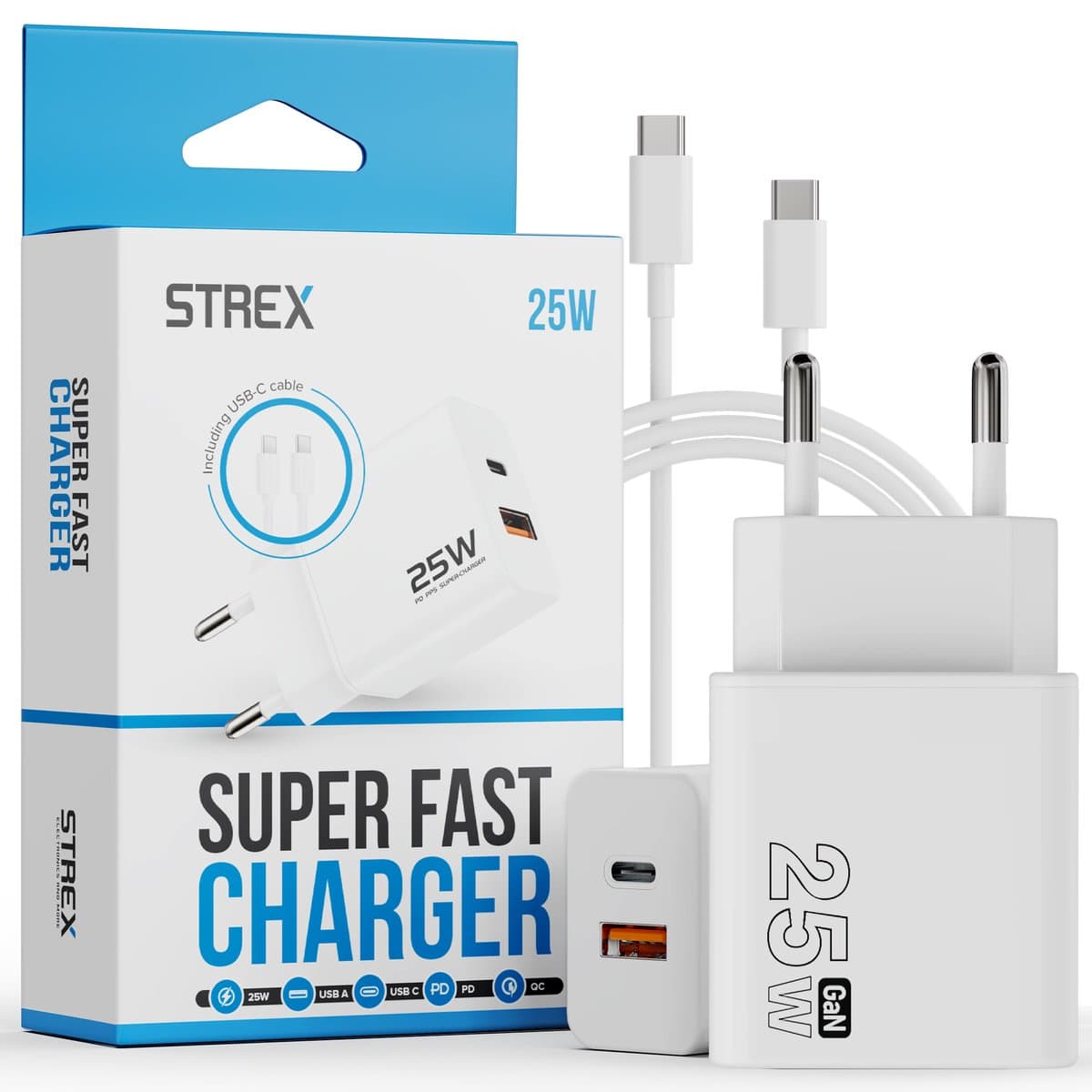 Strex USB-C & USB-A Snellader 25W - GaN Oplader met PD 3.0 & QC 3.0 - Inclusief USB-C Kabel - Wit
