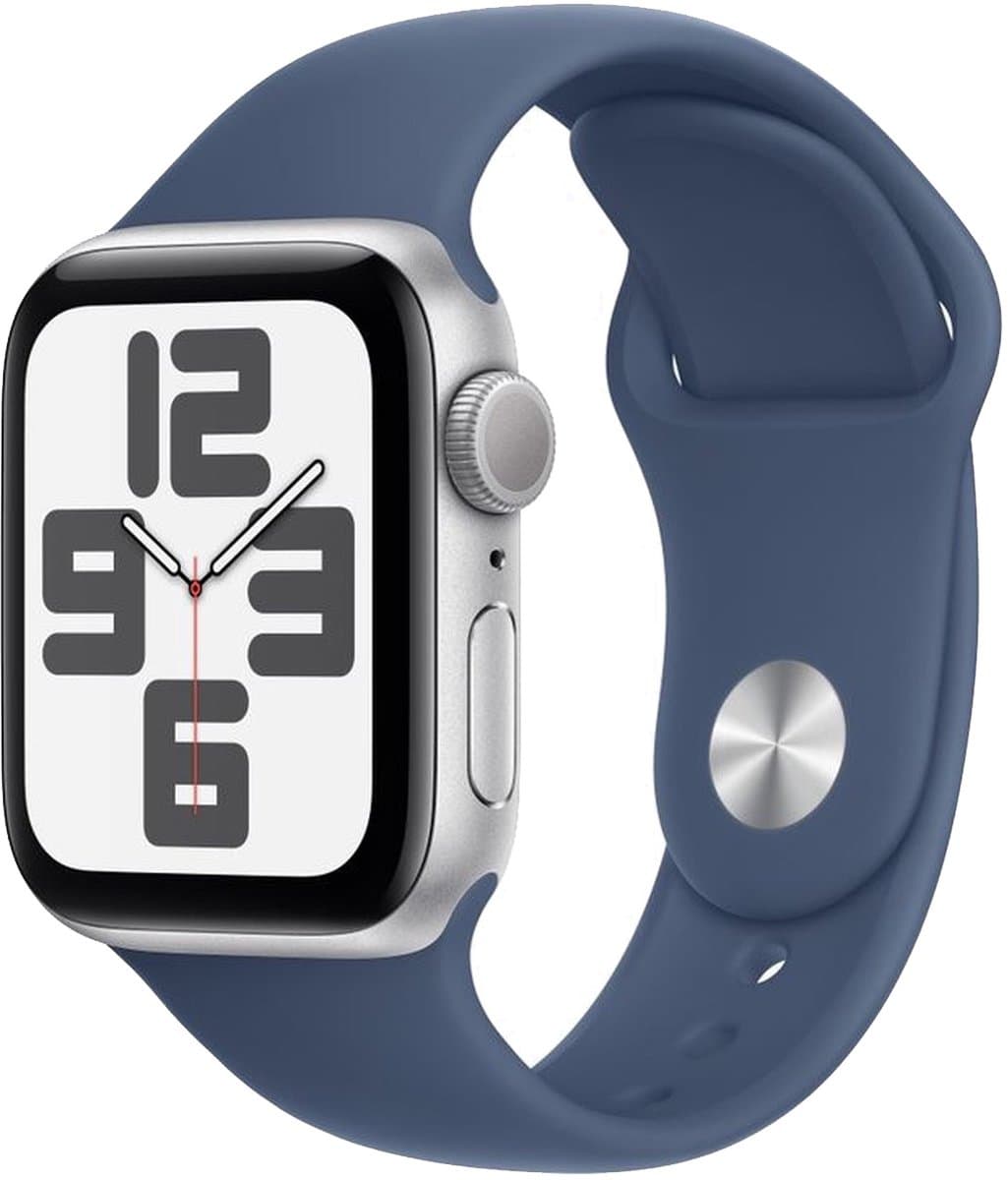 Apple Watch SE GPS WiFi 44 mm zilver M/L 2024 Blauwe Sportband M/L
