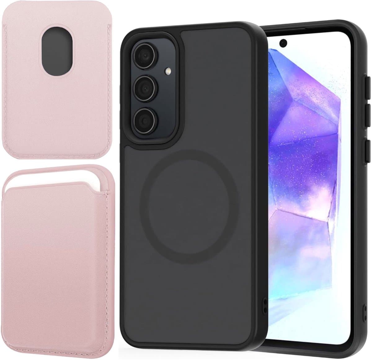 Hoesje + Pasjeshouder geschikt voor Samsung Galaxy A55 - Portemonnee geschikt voor MagSafe - Magnetisch - Pasjes Houder - Creditcardhouder - Rose