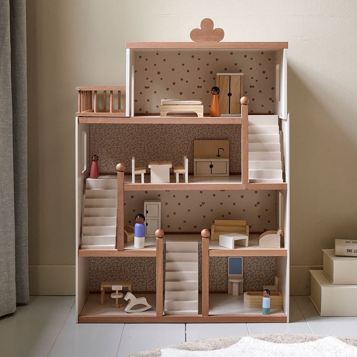 Petite Amélie Groot houten poppenhuis «Fleur» met 19-delige meubelset, 87 cm, beige en walnoot