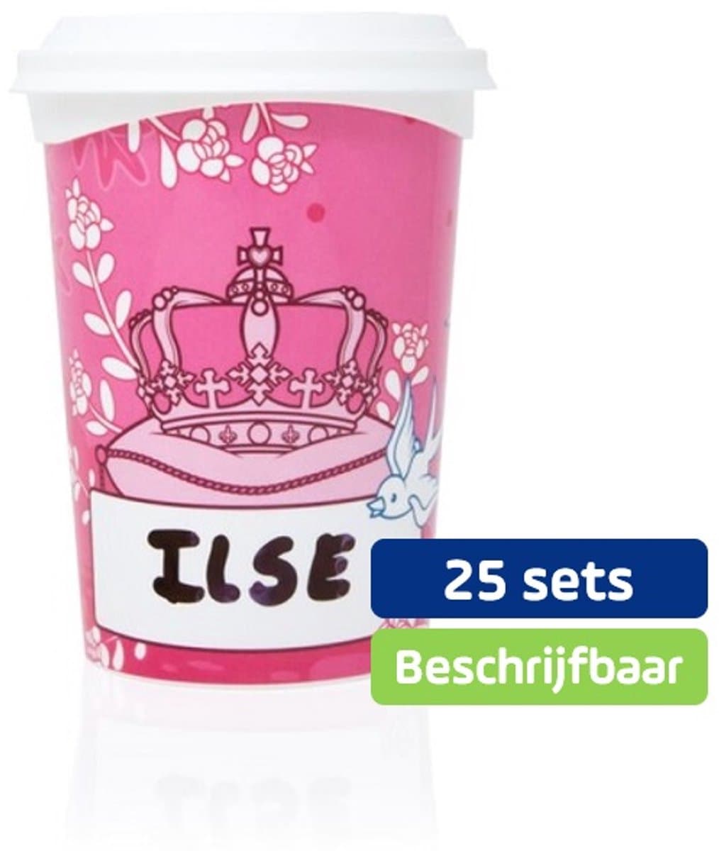 25 x Beschrijfbare party beker Prinses (350ml), incl. deksel en uitwisbare stift - leuk voor kinderfeestjes en traktaties