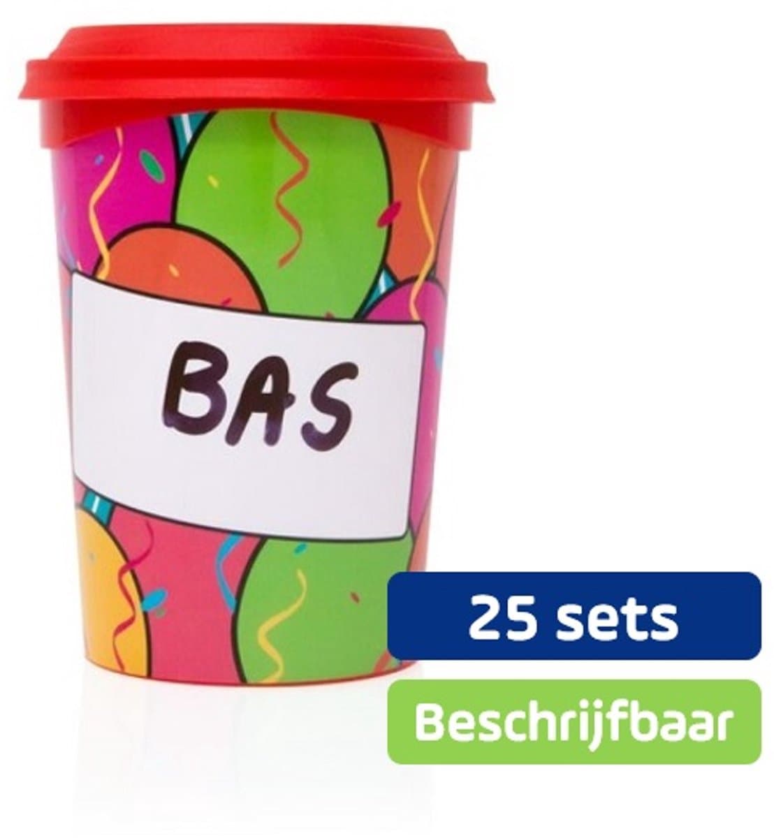 25 x Beschrijfbare party beker Party Time (350ml), incl. deksel en uitwisbare stift - leuk voor kinderfeestjes en traktaties