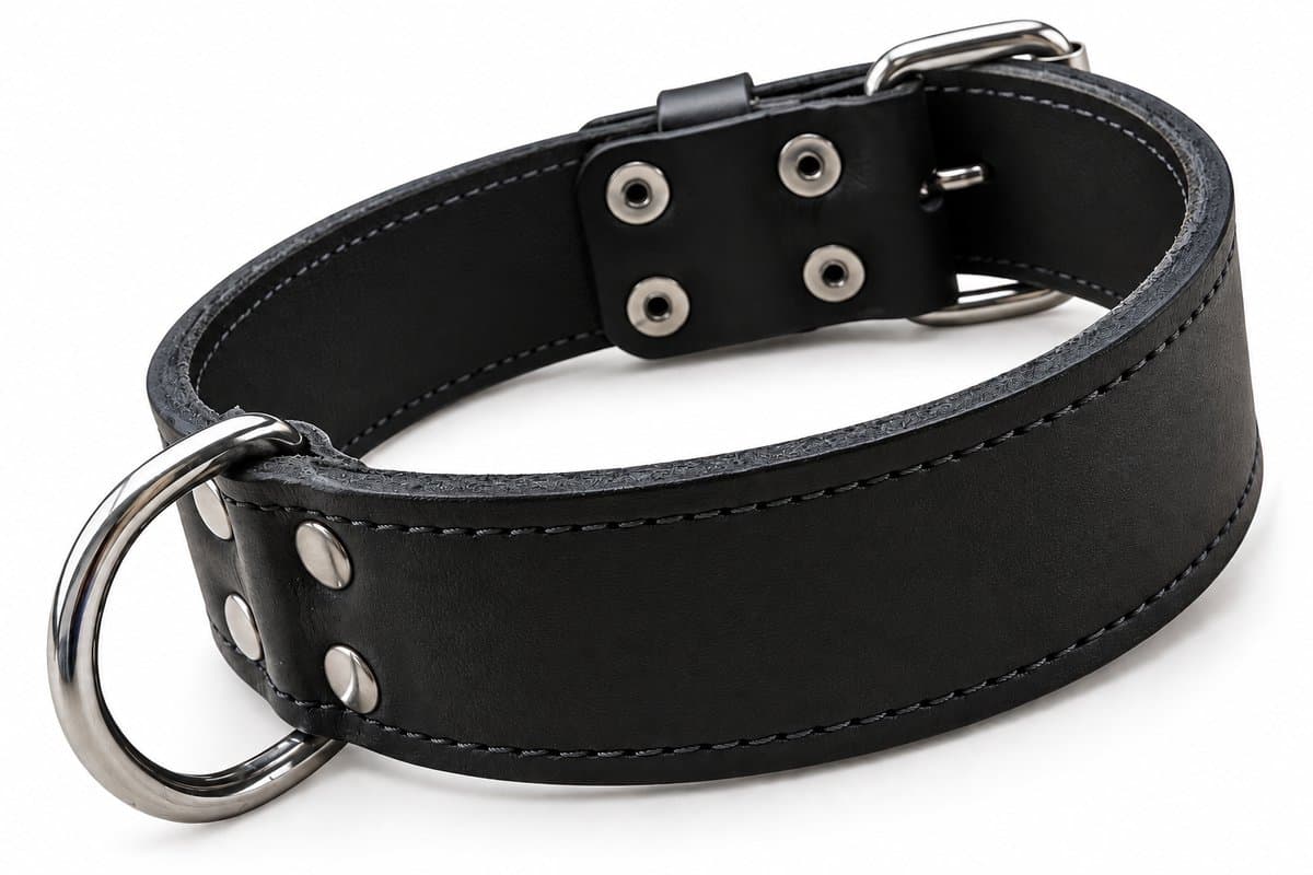 K9 World, honden halsband, zwart leder, dubbel gestikt, 4cm breed, 40-50cm