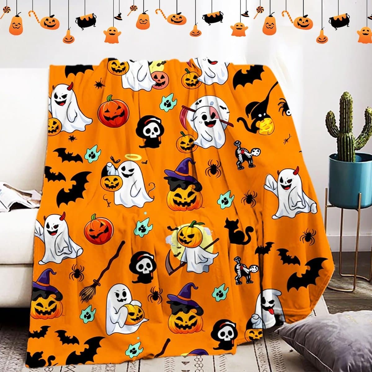 150 x 200 cm, zacht en wollig, pompoen, geest, doodskopmotief, flanel, voor bank (Halloween-H, 150 x 200 cm)