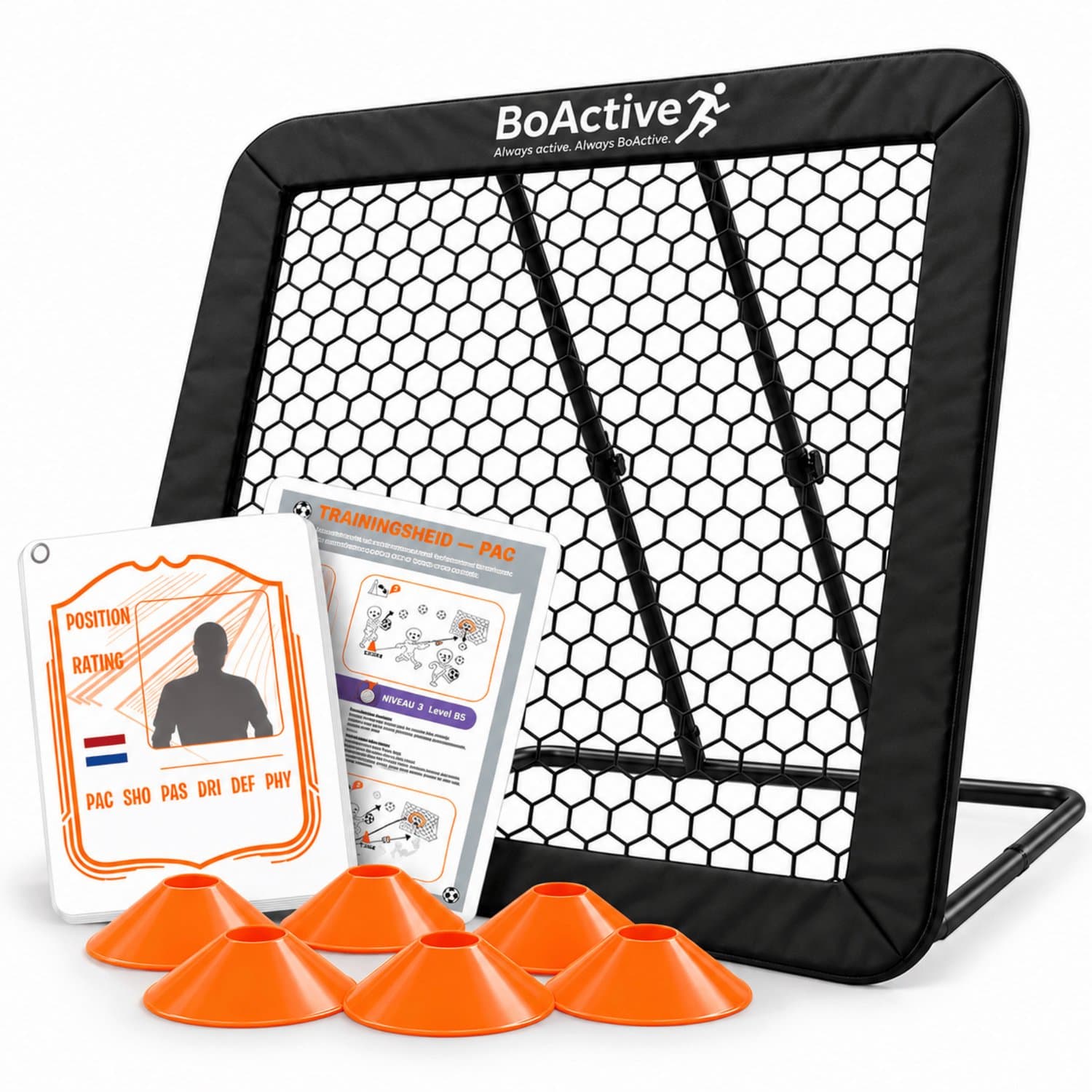 BoActive Voetbal Rebounder 124x124 cm – Tchouk met Trainingsboekje & Persoonlijke Futkaart – Inclusief 6 Pionnen, Schietschijven en Grondhaken – Voetbaltraining voor Kinderen en Volwassenen