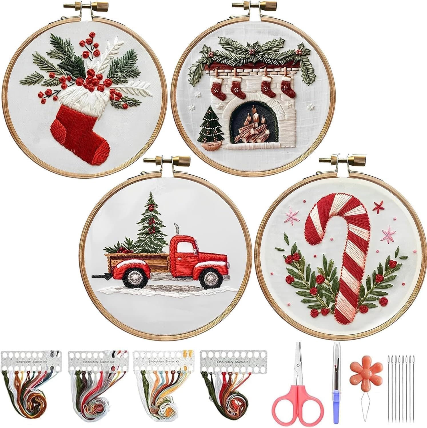 4 Stuks - Kerst Borduurset - 4 Borduurmotieven - Borduurring met Voorbedrukte Stof - Kerstkous Open Haard Kersttruck Zuurstok - Garen Borduurnaalden Schaar Draadinrijger - DIY Handwerkset - Kerstdecoratie - Rood/Groen