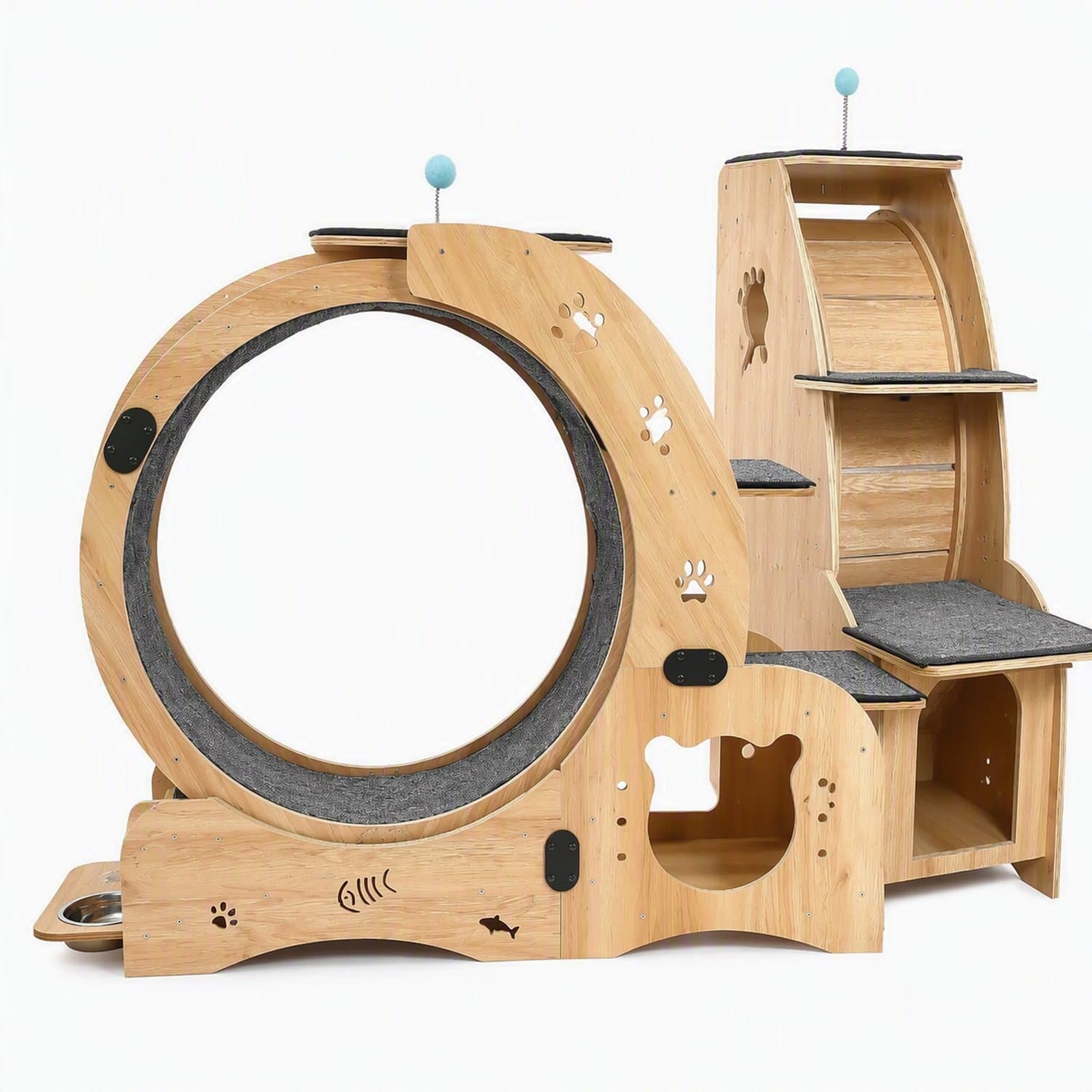 Nutrella - Kattenloopwiel - Kattenhuis Platform - Speelhengel - Krabpaal - Multifunctioneel - Hout - Voederbak - Krabplank Teaser Bal - 78,3 x 107 cm