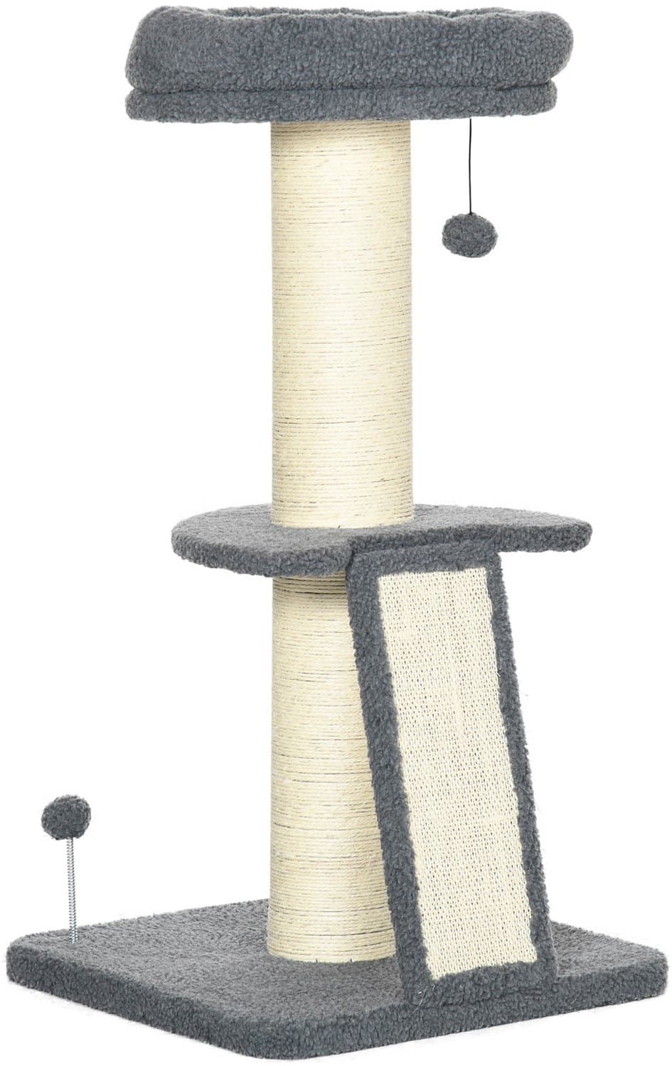 Pawona Krabpaal - Met sisal krabpaal, krabmat en speelballen - 48 x 48 x 92 cm - Donkergrijs/Crèmewit