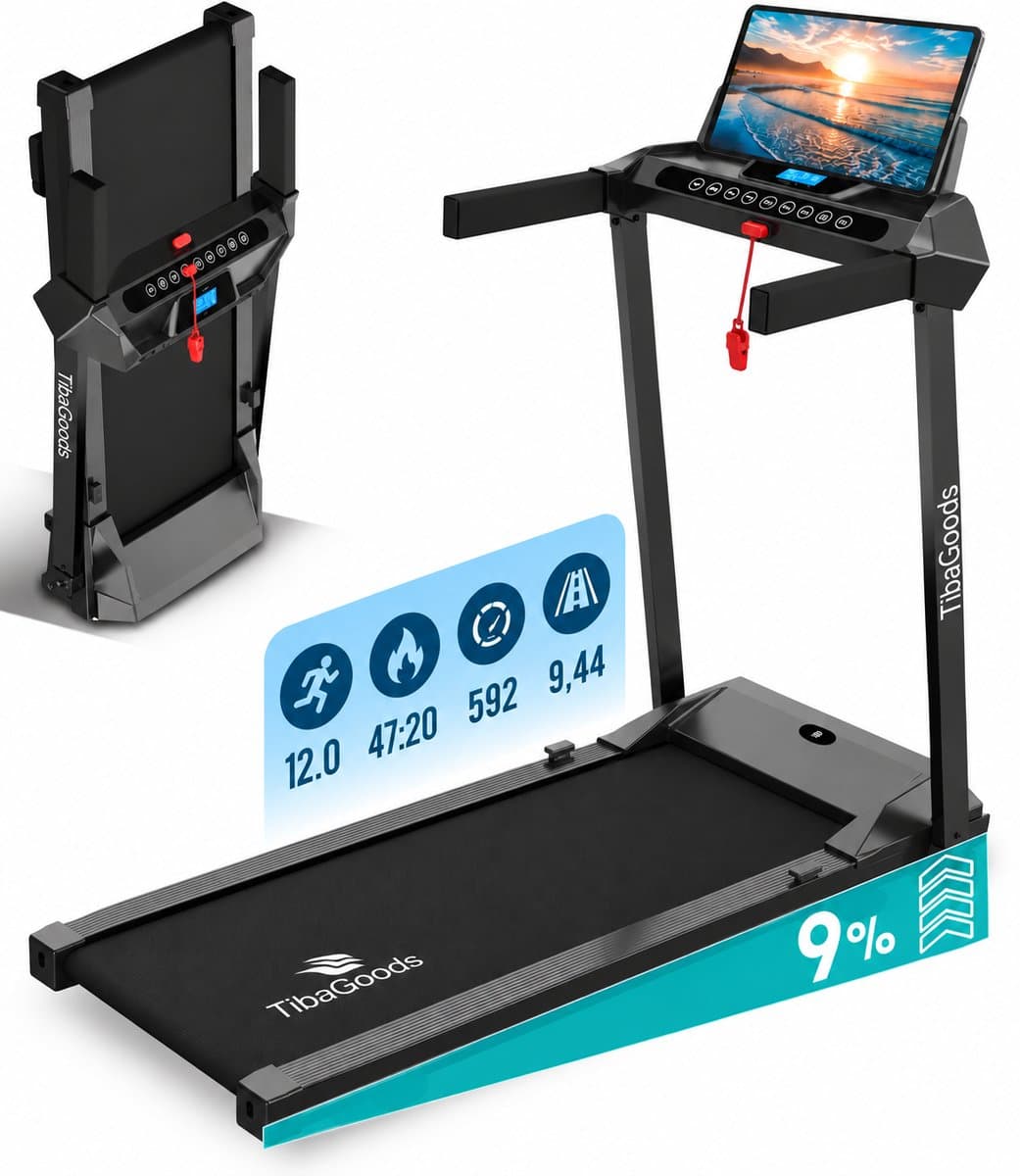 TibaGoods Elektrische Loopband - Hardloopband - Wandelband - 1 t/m 12 kmh - Inklapbaar - 9% Hellingsfunctie - 12 Programma's - Sport - Hometrainer - Walking pad - Voor Thuis