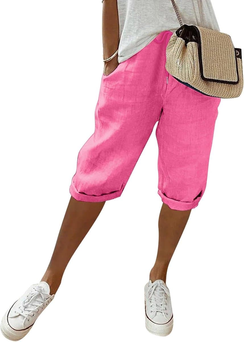 Damen Leinenhose Sommer Knielang Kurze Hosen Leicht und Luftig Locker Hohe Taille Caprihose Elastisch Einfarbig Strandhose Stoffhose Casual Pants mit Kordelzug Caprihose Damen Sommer