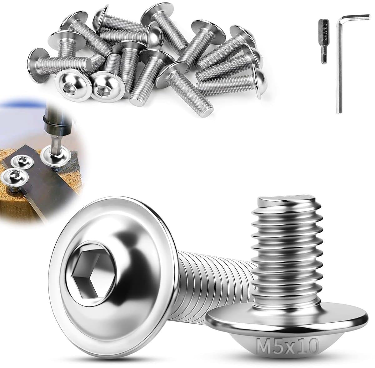 Lenskopschroeven, M5 x 10 mm, 30 stuks, platte kopschroeven, M5 binnenzeskant, ISO 7380-2, schroeven met flens A2 V2A, metrisch, volledige schroefdraad, voor meubelproductie en