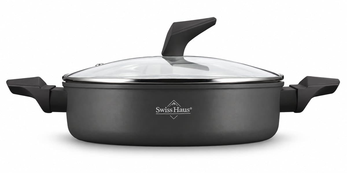 Swiss Haus® LLC28B Hapjespan Inductie met Deksel - Ø 28 cm / 4.6 Liter - PFAS Vrij - Hapjespannen Voor Alle Warmtebronnen - Braadpan Met Sapphire™ Antiaanbaklaag - Zwart