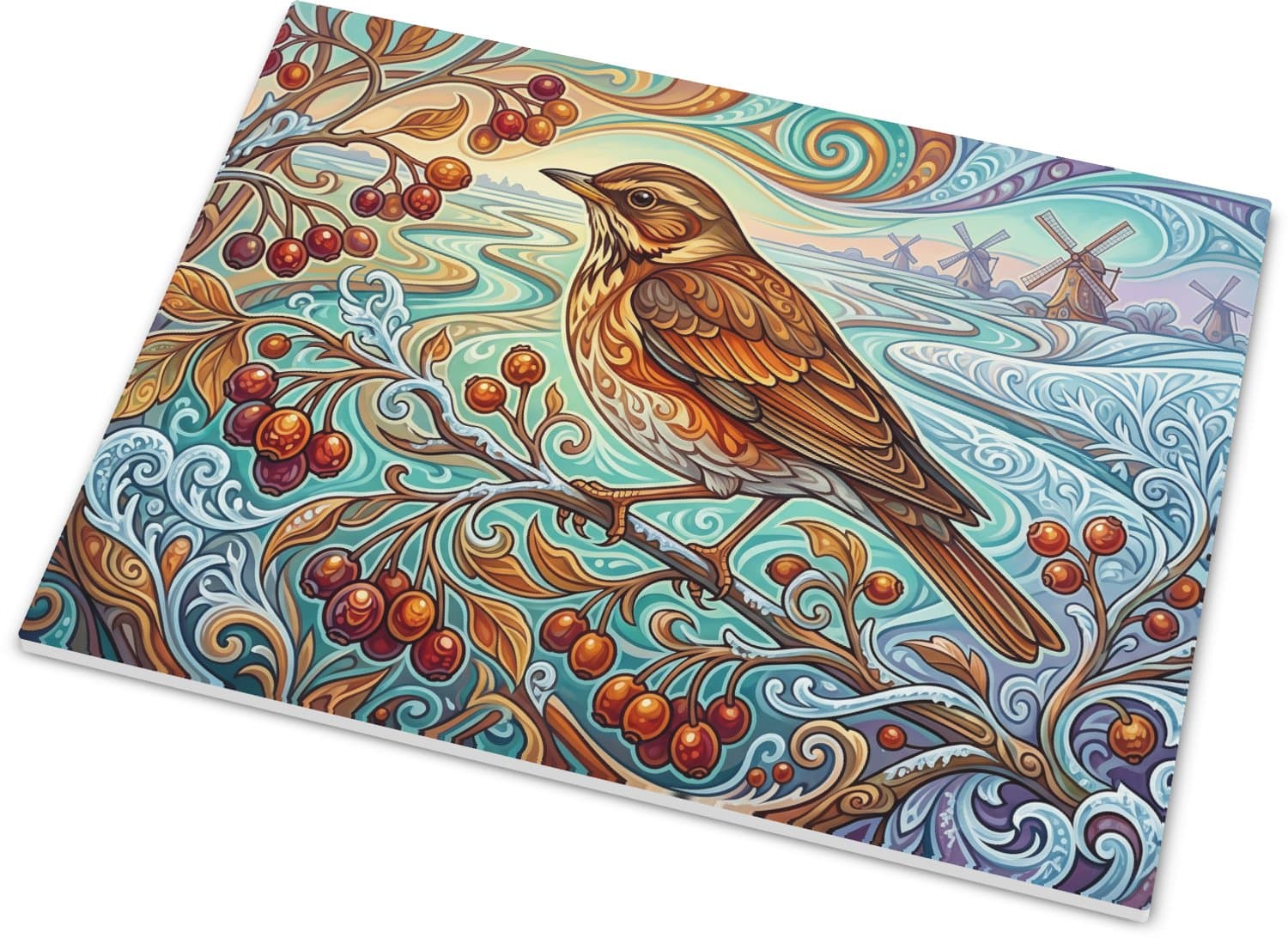 Tegeltje Koperwiek Jugendstil Art Nouveau Decoratieve Vogel Illustratie met Sierkrullen en Molens Rechthoekig Tegeltje Turdus iliacus en Bessen Artistieke Woondecoratie Cadeau 15x20 cm