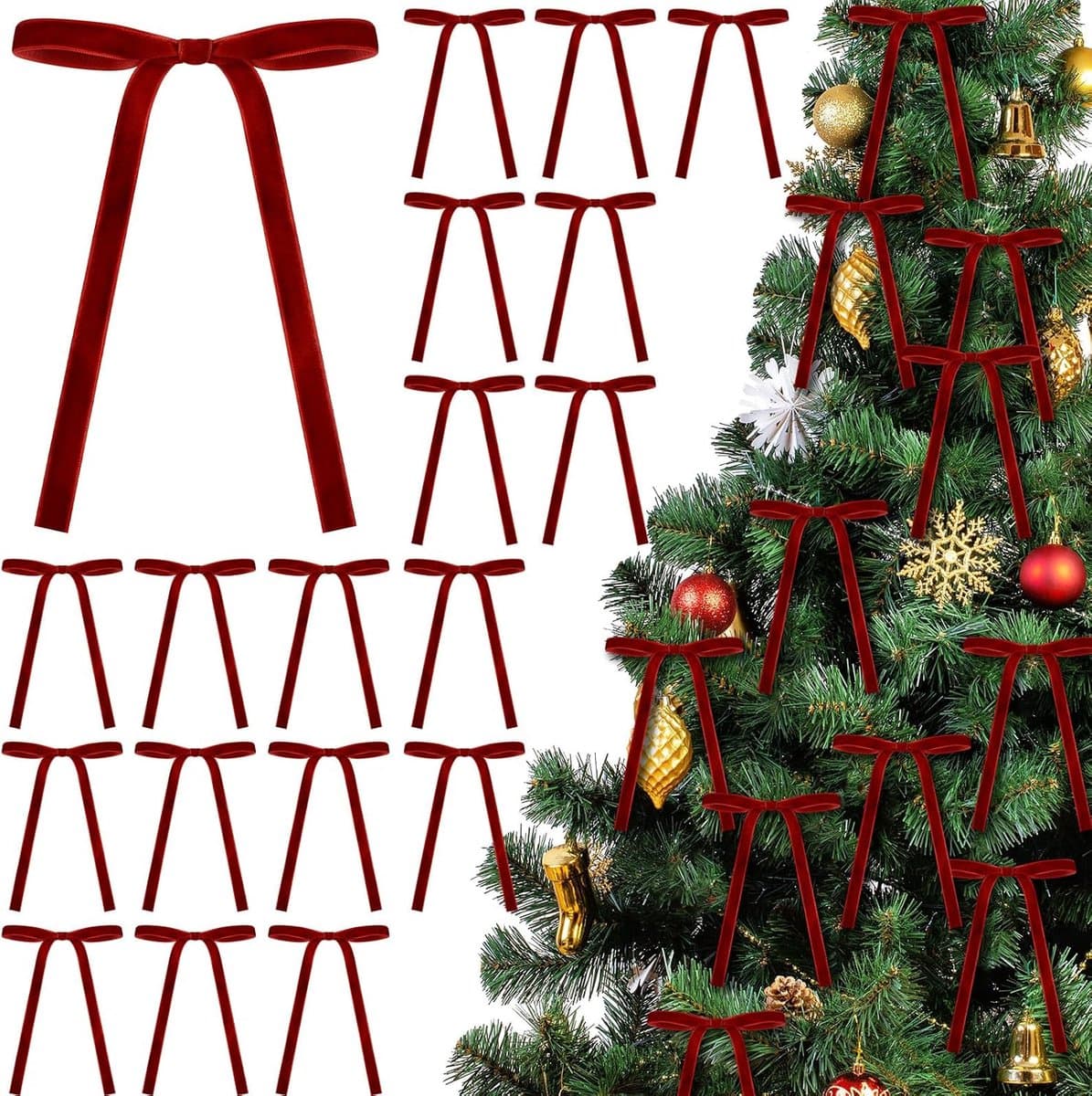 Fluwelen decoratiestrikken - 24 stuks - 5 × 7 inch en 8 inch - fluweel - rood - kerst, vintage - voor feest en bruiloft, woonruimte
