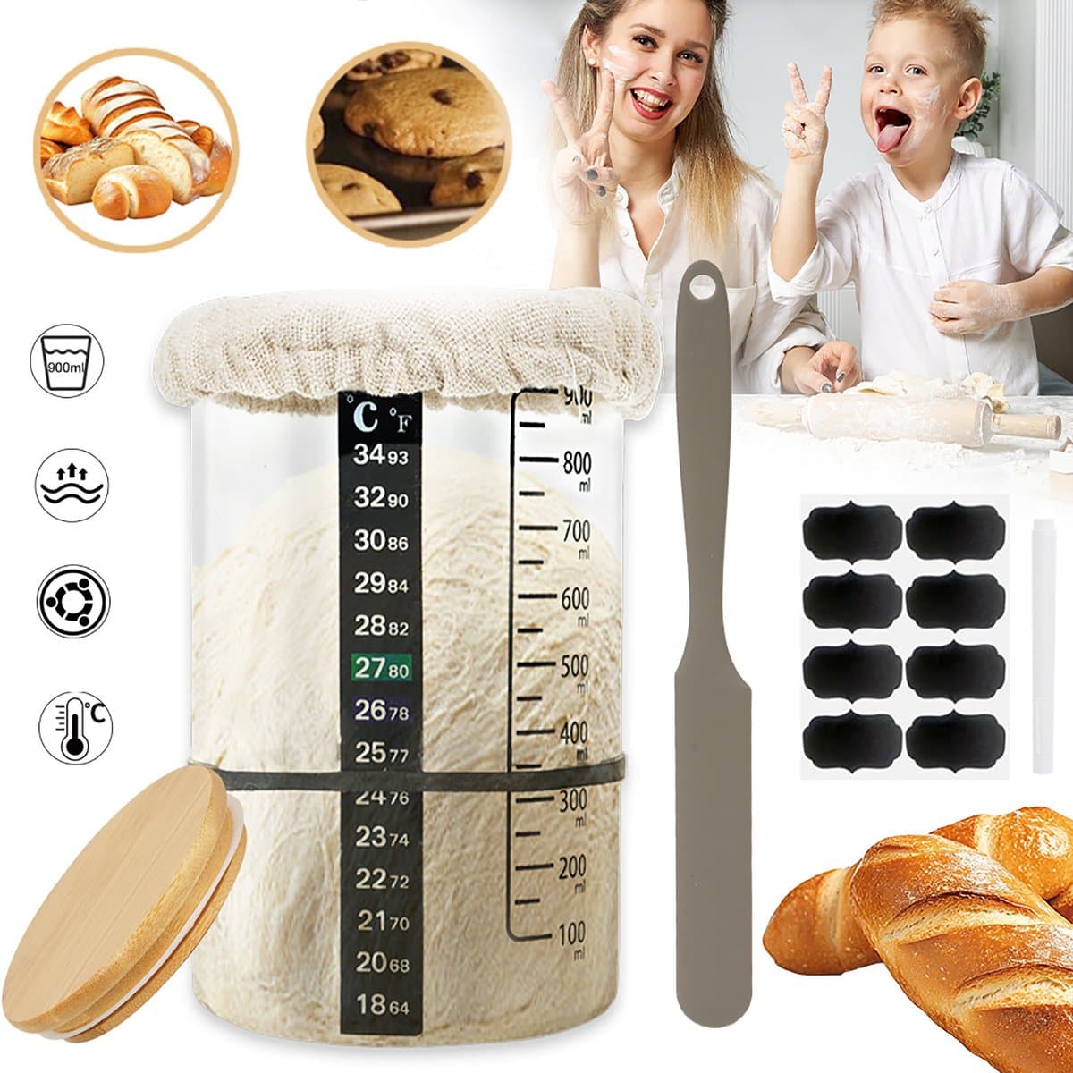 Startcontainer, Zuurdesem Starterkit, Herbruikbaar, Voor Het Bakken Van Brood, Zuurdesemstarterset in Een Glazen Pot Van 900 Ml.
