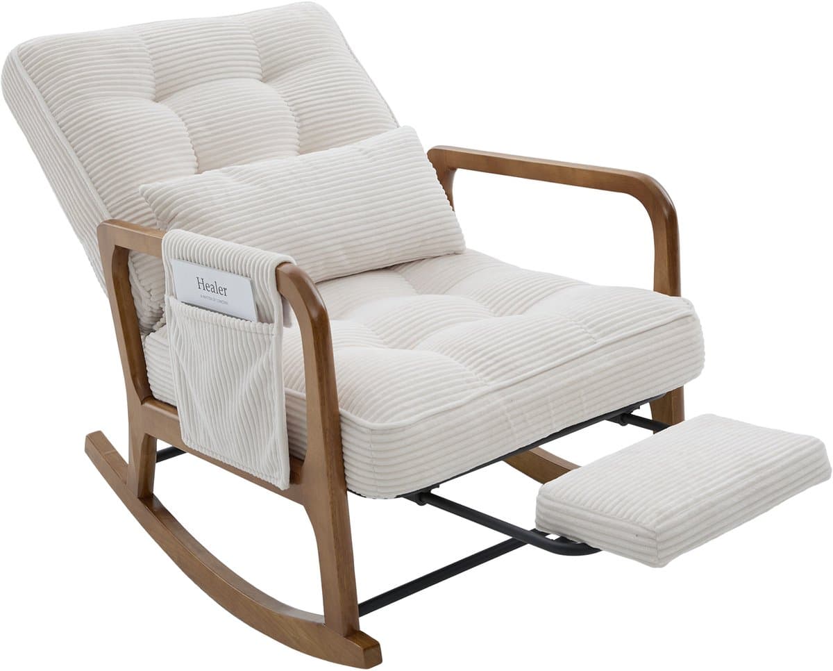 Beige Corduroy Schommelstoel - Relaxstoel Met Zijzakken - Verstelbare Rugleuning - Uitschuifbare Voetensteun - 150kg - Woonkamer - 70x80x92cm - Beige