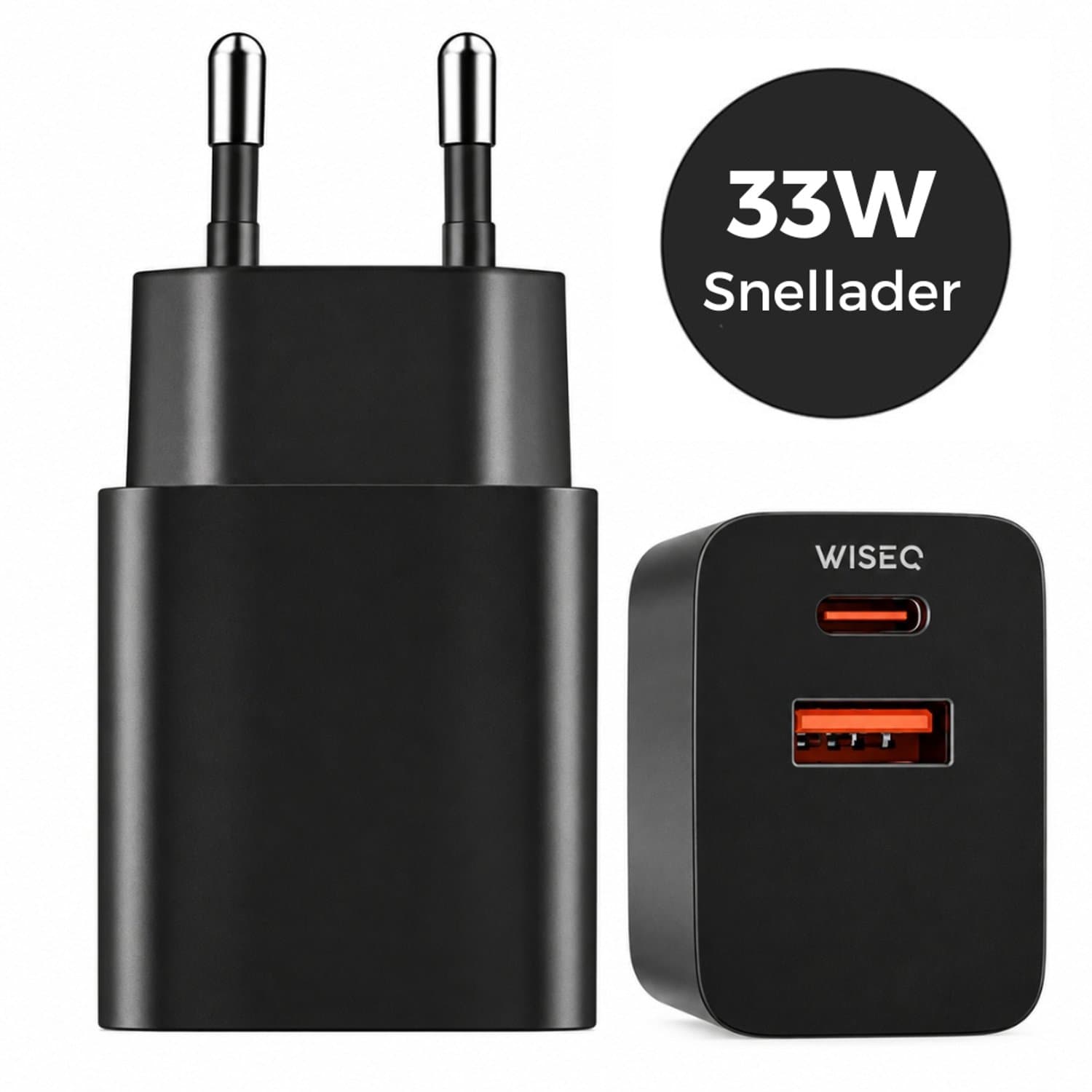 33W Adapter - Snellader Dubbele poorten - USB A & USB C - Geschikt voor Samsung, Huawei, Oppo, iPhone 15 & MacBooks - Elegant Zwart - WiseQ