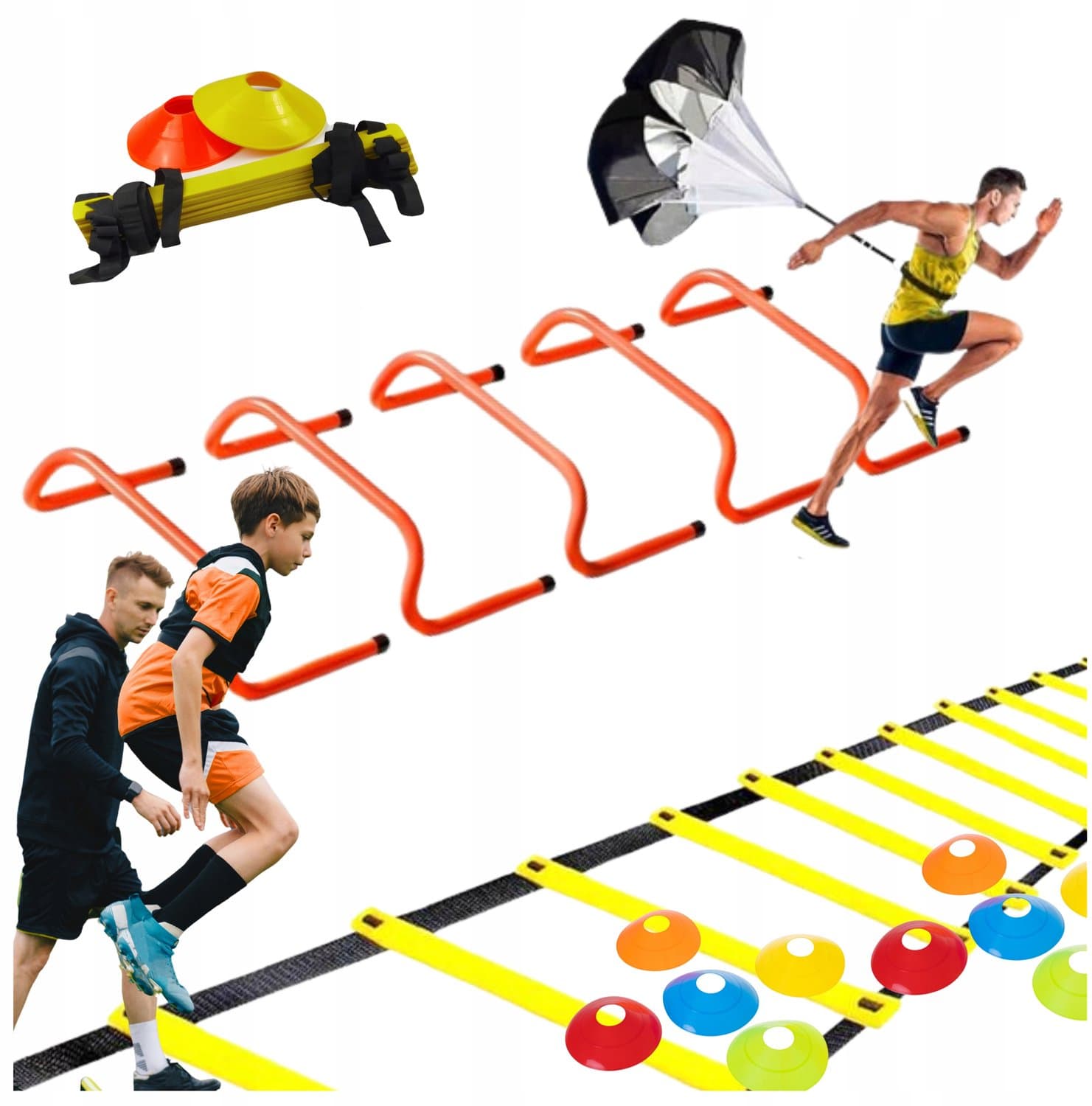 Compleet Trainingsset Voetbal: Coördinatiedrabbel, Horden, Kegels & Valparachute