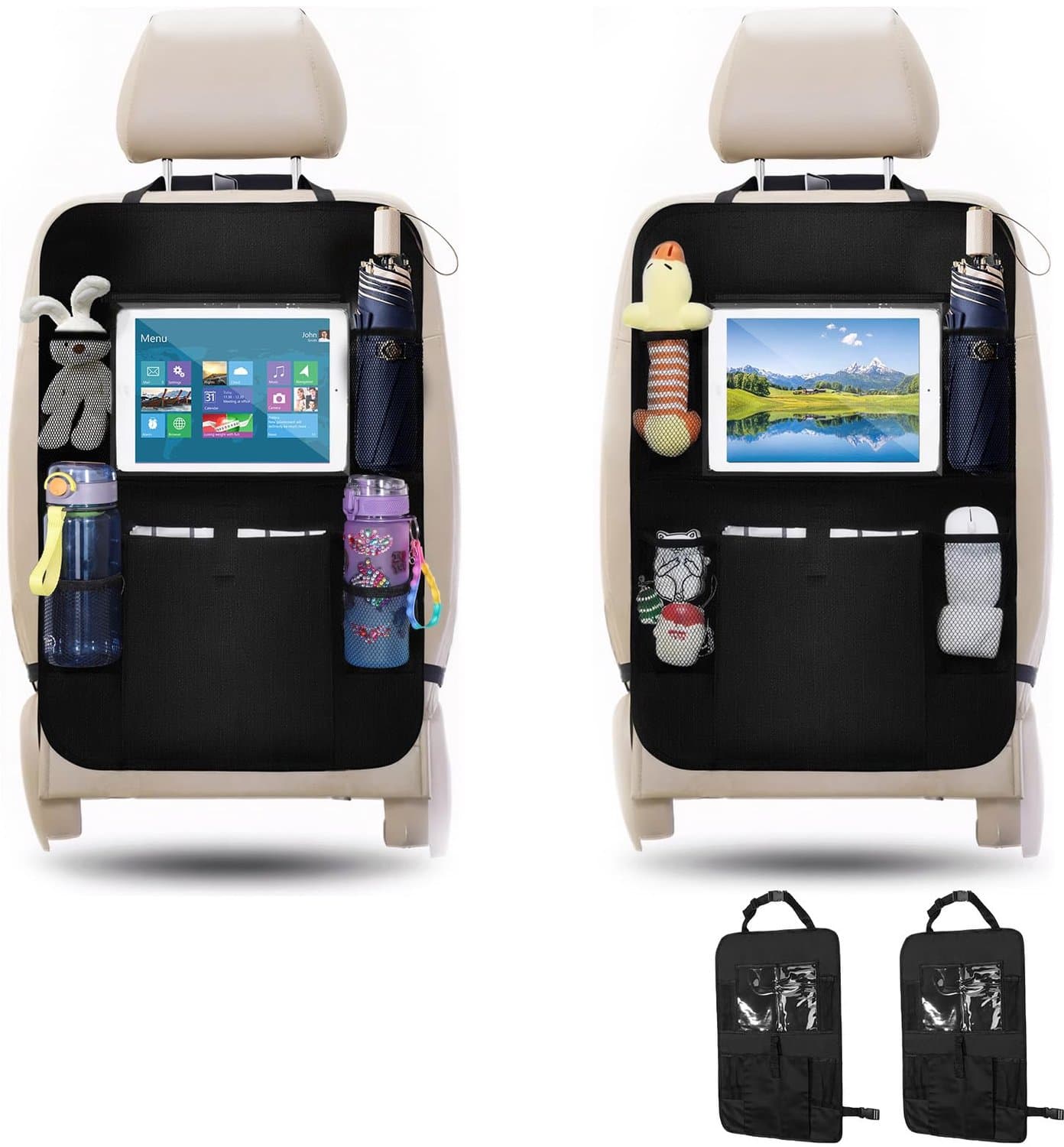 Famanu – Set van 2 multifunctionele autostoel-organizers voor kinderen, met tabletvak en 5 opbergvakken, zwart