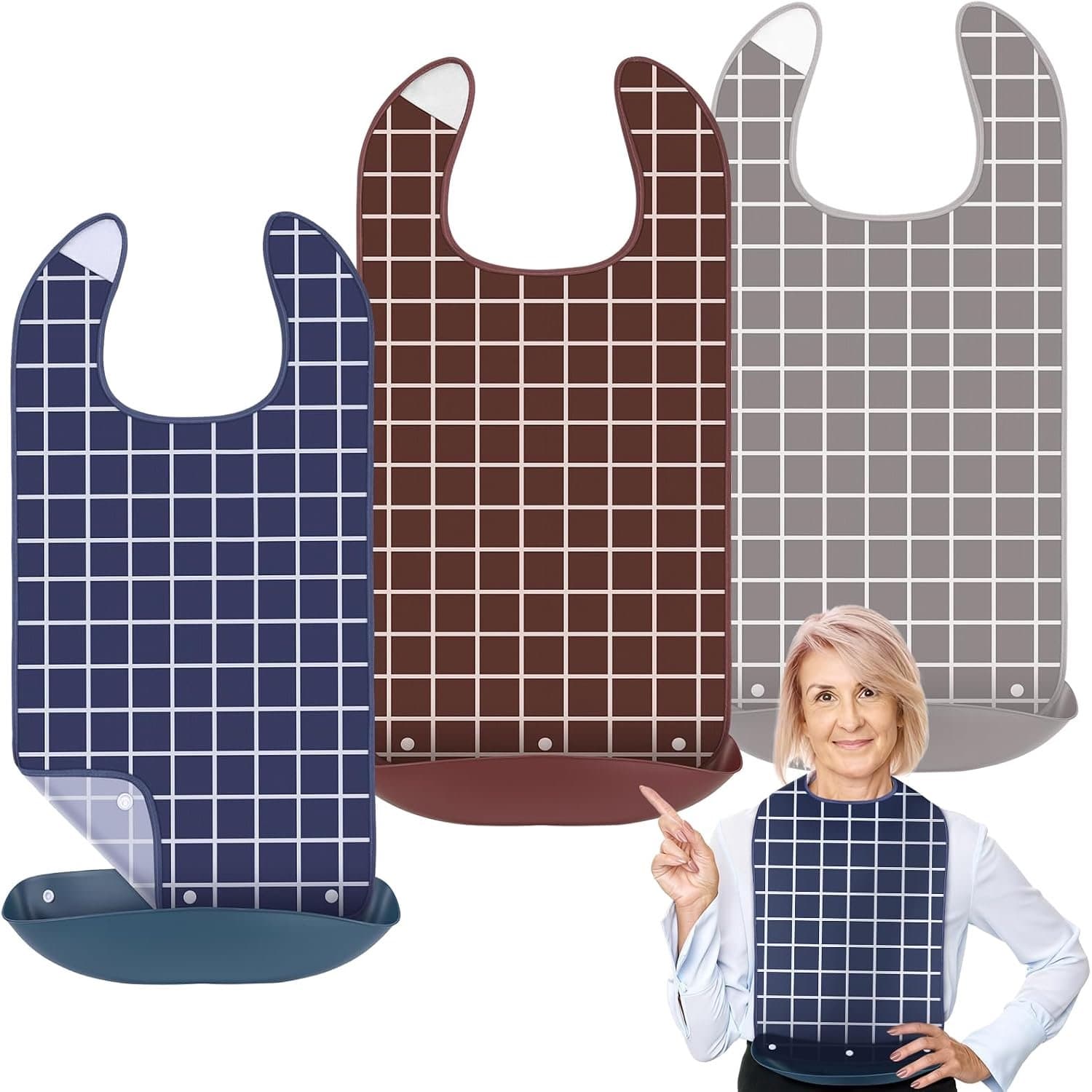Slabbetjes volwassenen - Kledingbeschermer voor eten - Herbruikbaar met opvangzak - Waterdicht en wasbaar - Voor maaltijdverzorging - Met drukknoop onderaan - Geruit patroon - Blauw bruin grijs - 3 stuks - 72 x 35 cm