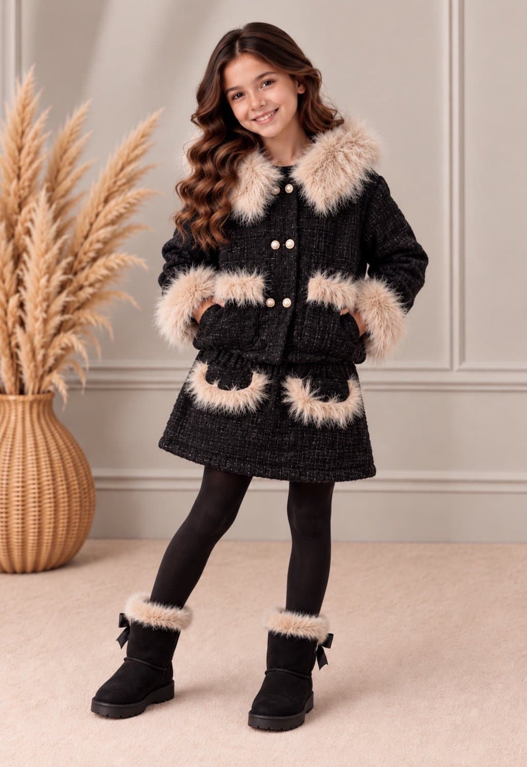 Meisjes Winterset 2-Delig – Dikke Warme Set met Jasje & Rok – Teddy Details – Zwart Beige - maat 110/116