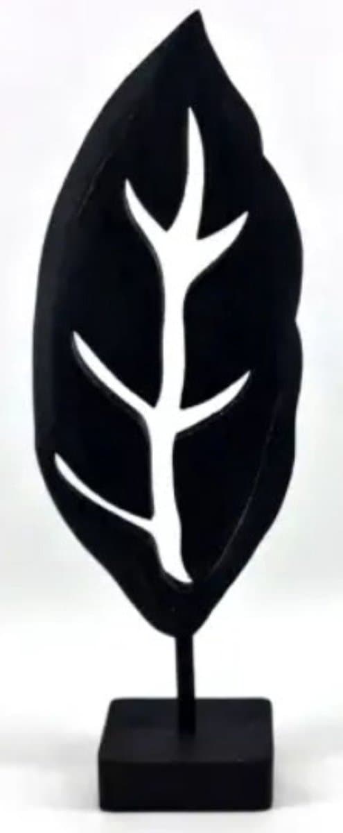 Houten blad met nerf op voet - 52x18 cm - black wash - hout - ornament - beeld - silhouette - woodart