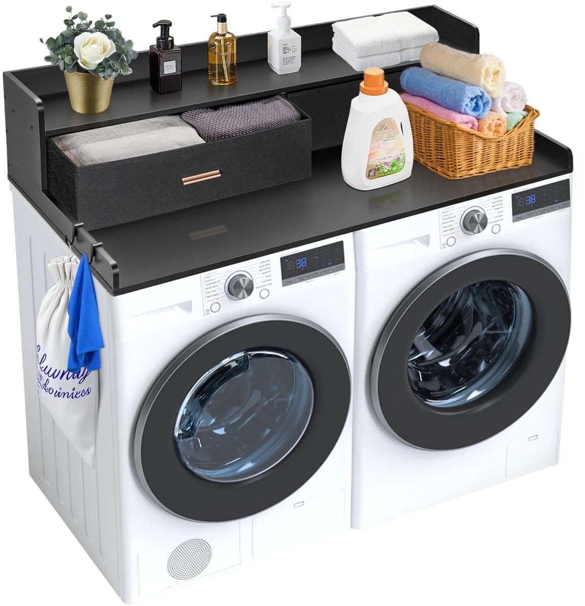 Veya Wasmachine opbouwmeubel - Wasmachine ombouw - Wasmachine kast - Zwart - 37×70cm werkblad - Met 2 lades - Draagkracht 113 kg