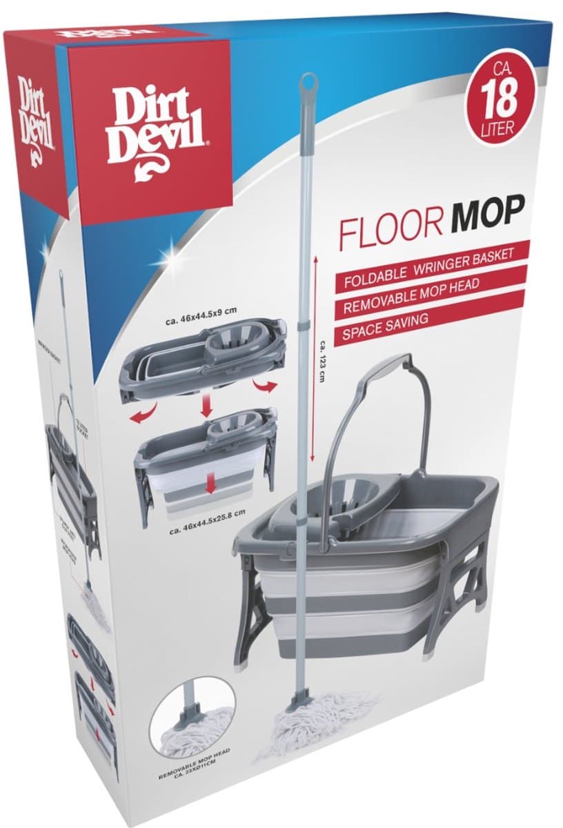 Dirt Devil Dweil set met Emmer en Wringer - Dweilsysteem met Opvouwbare Emmer 18L - Dweilstok met Verwijderbare Mopkop - Complete Dweil Mop Set voor alle Vloertypes