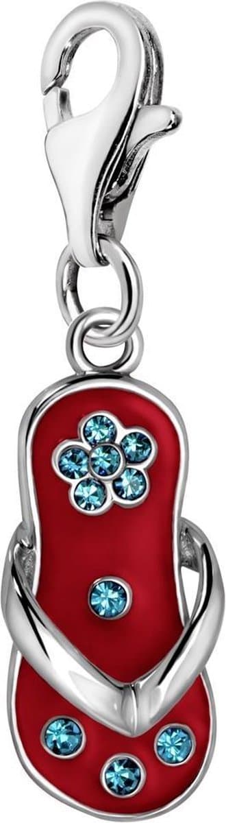Quiges – 925 - Zilver – Charm - Bedel - Hanger - Slipper Rood met Blauwe Zirkonia Bloem - met – sterling - zilver - karabijnslot - geschikt - voor - Bedelarmband HC220