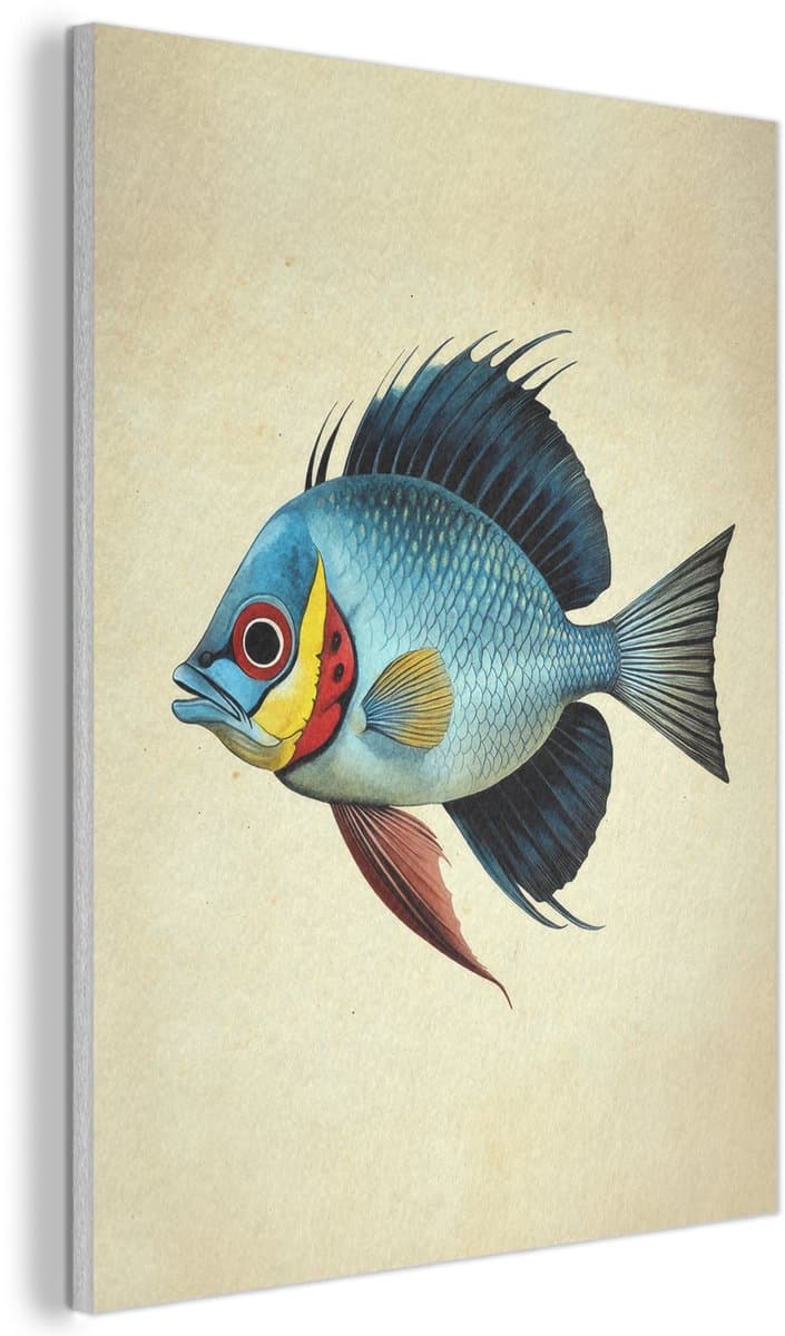 Akoestisch wandpaneel 50x70 cm - Vilt schilderij Blauw - Kieuwen - Vis - Illustratie - Akoestische panelen - Geluidsdempende wanddecoratie - Geluidsisolatie woonkamer - Muurdecoratie geluidspanelen